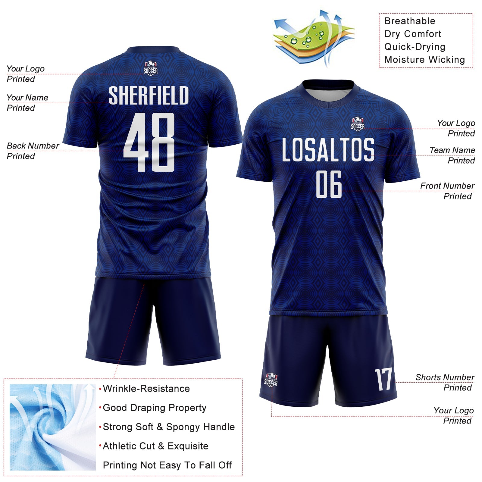 Custom Navy White-Royal Geometric Shapes Sublimation Soccer Uniform Jersey view 4