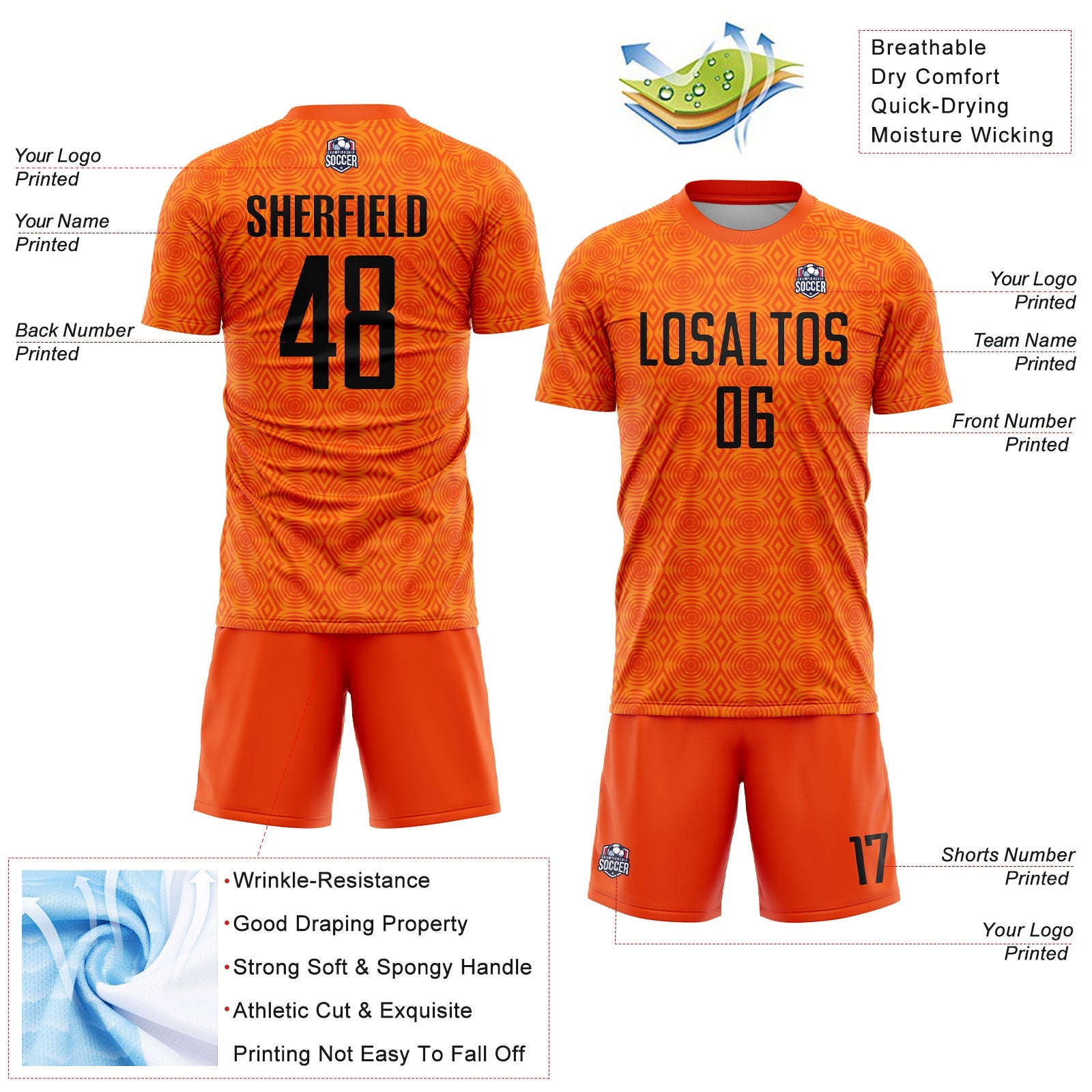 Custom Orange Black-Bay Orange Geometric Shapes Sublimation Soccer Uniform Jersey view 4