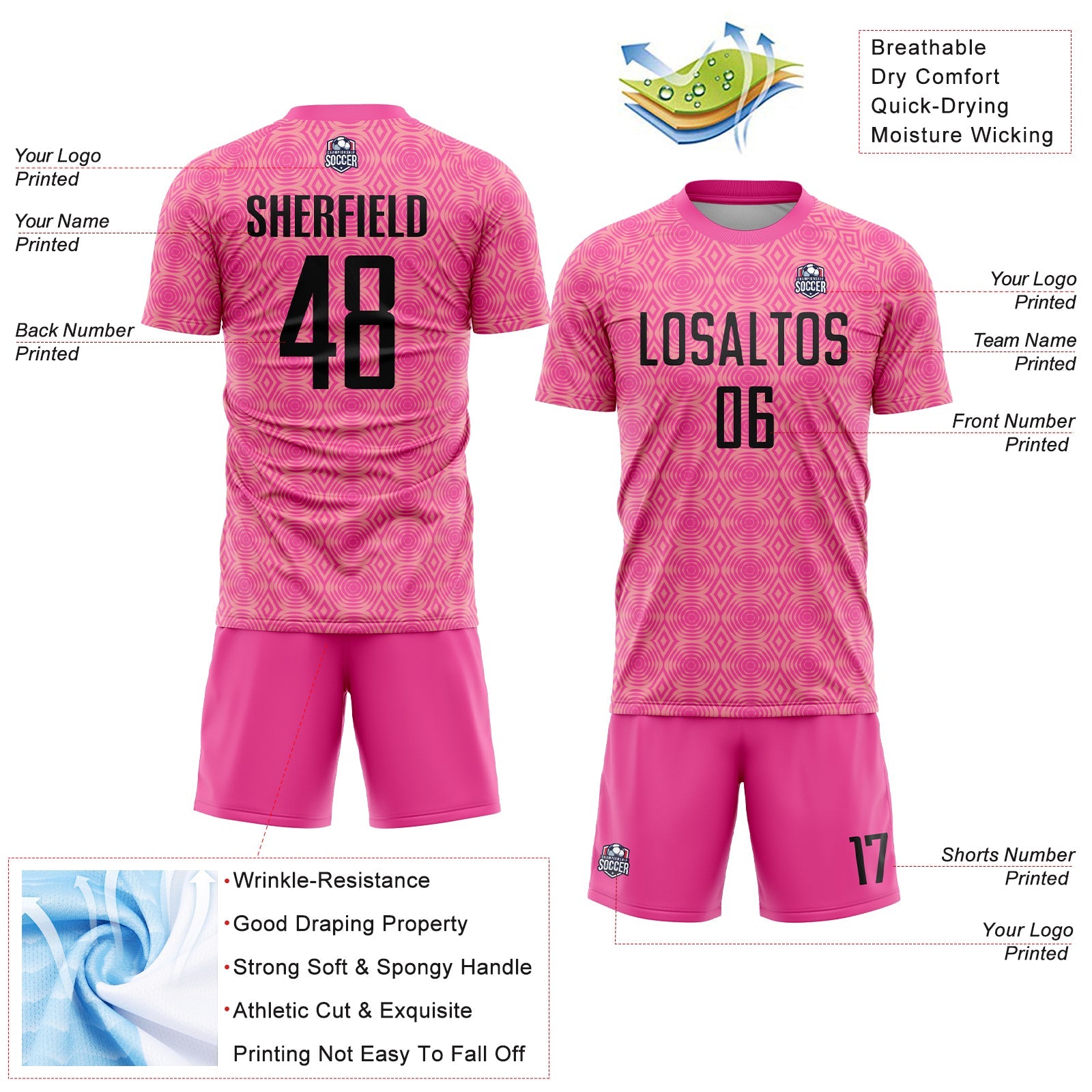 Custom Pink Black-Medium Pink Geometric Shapes Sublimation Soccer Uniform Jersey view 4