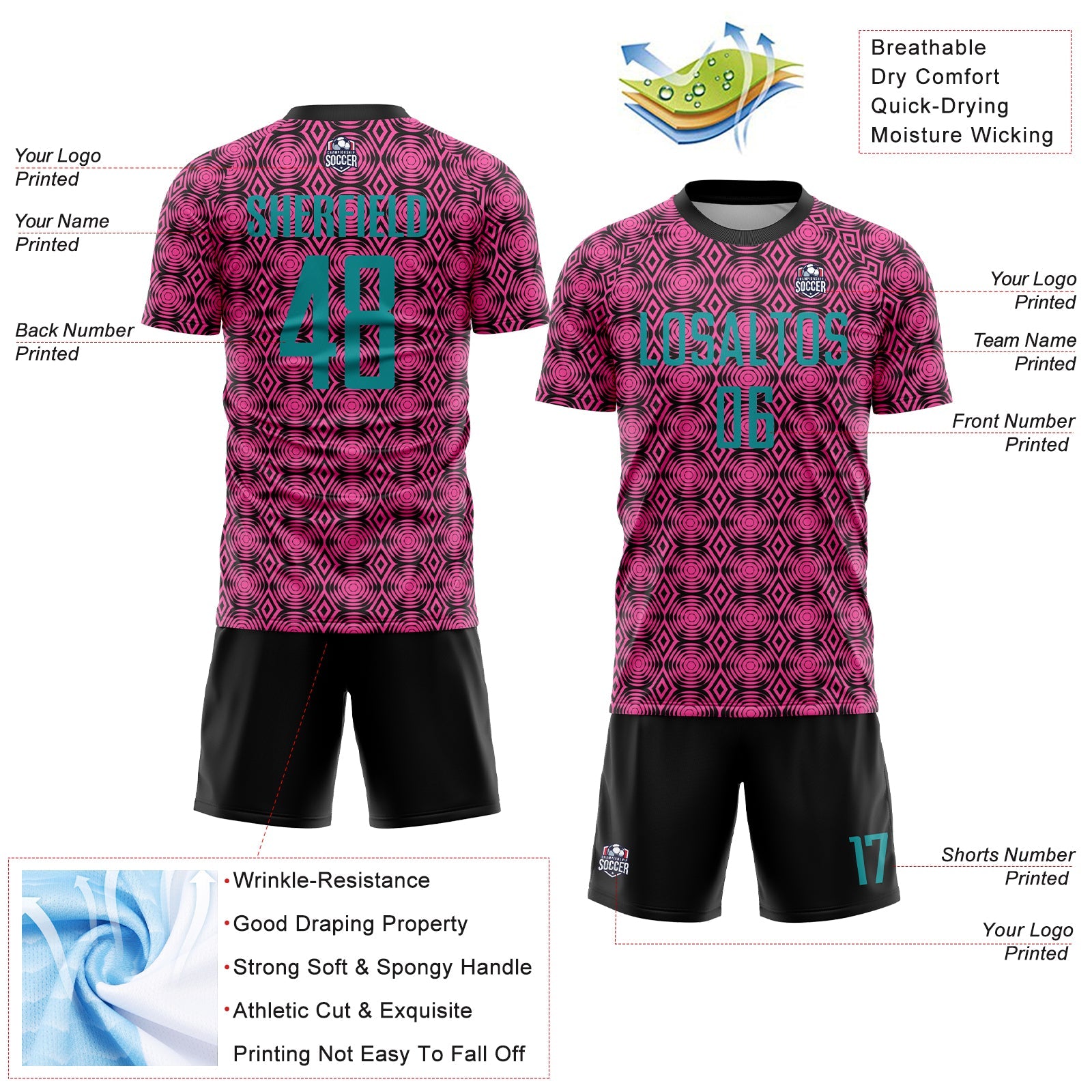 Custom Pink Teal-Black Geometric Shapes Sublimation Soccer Uniform Jersey view 4
