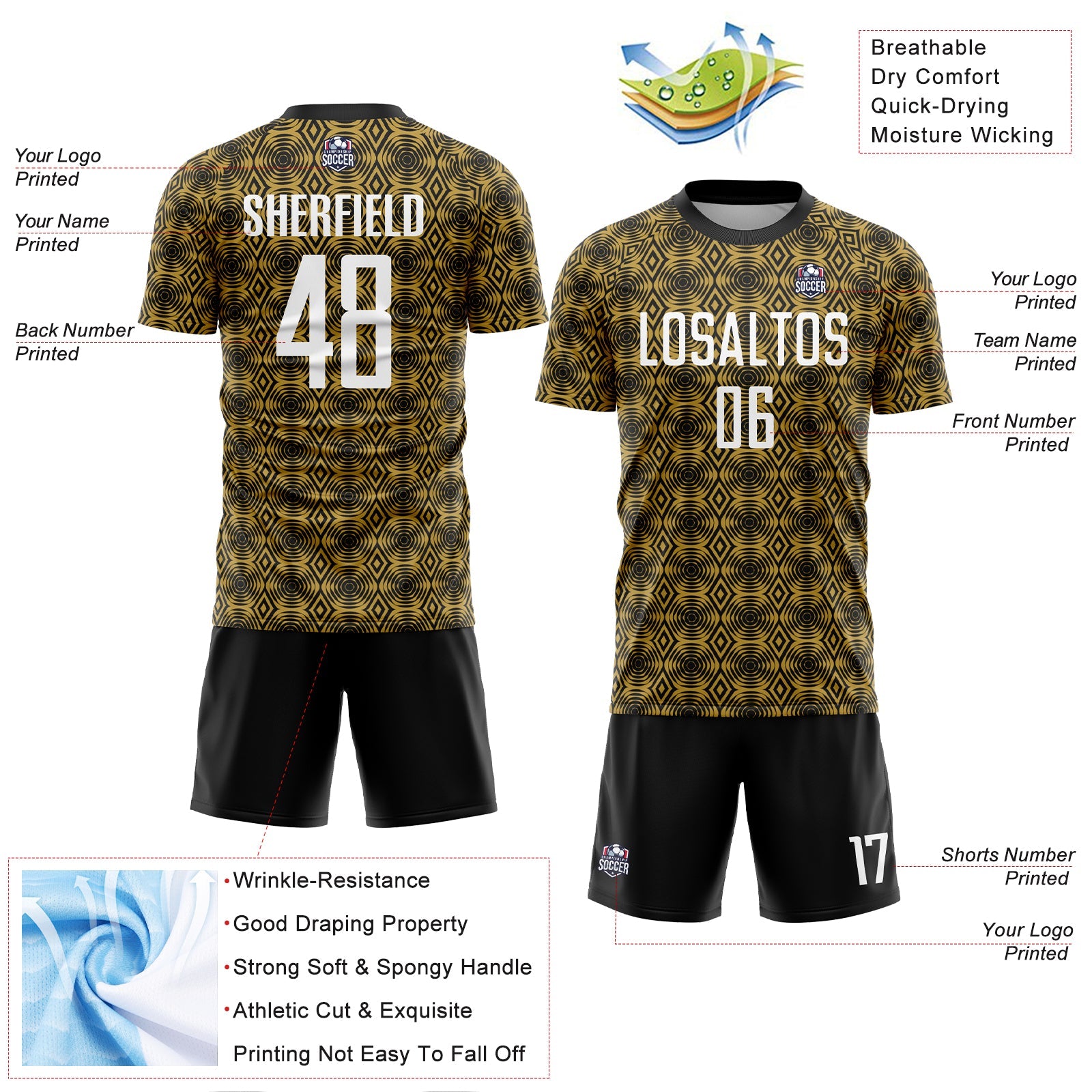 Custom Old Gold White-Black Geometric Shapes Sublimation Soccer Uniform Jersey view 4
