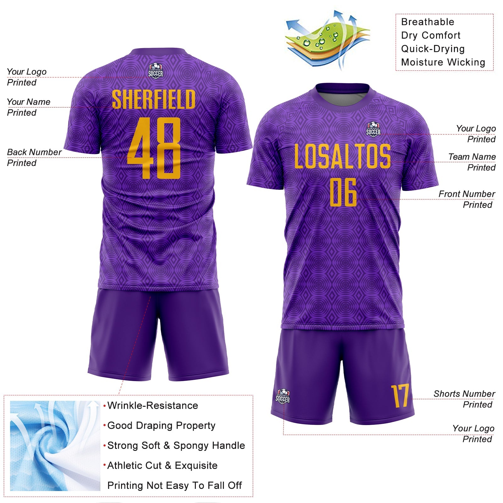 Custom Purple Gold Geometric Shapes Sublimation Soccer Uniform Jersey view 4