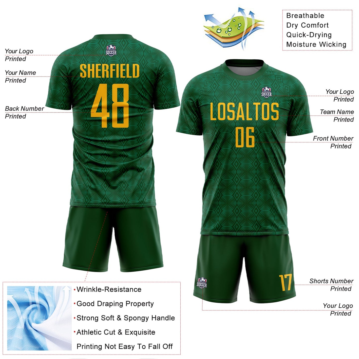 Custom Green Gold-Kelly Green Geometric Shapes Sublimation Soccer Uniform Jersey view 4