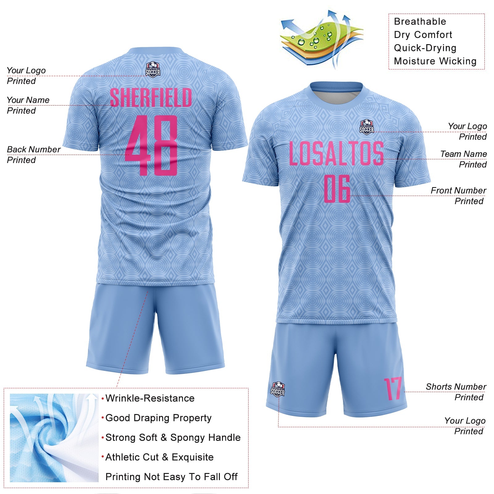 Custom Light Blue Pink Geometric Shapes Sublimation Soccer Uniform Jersey view 4