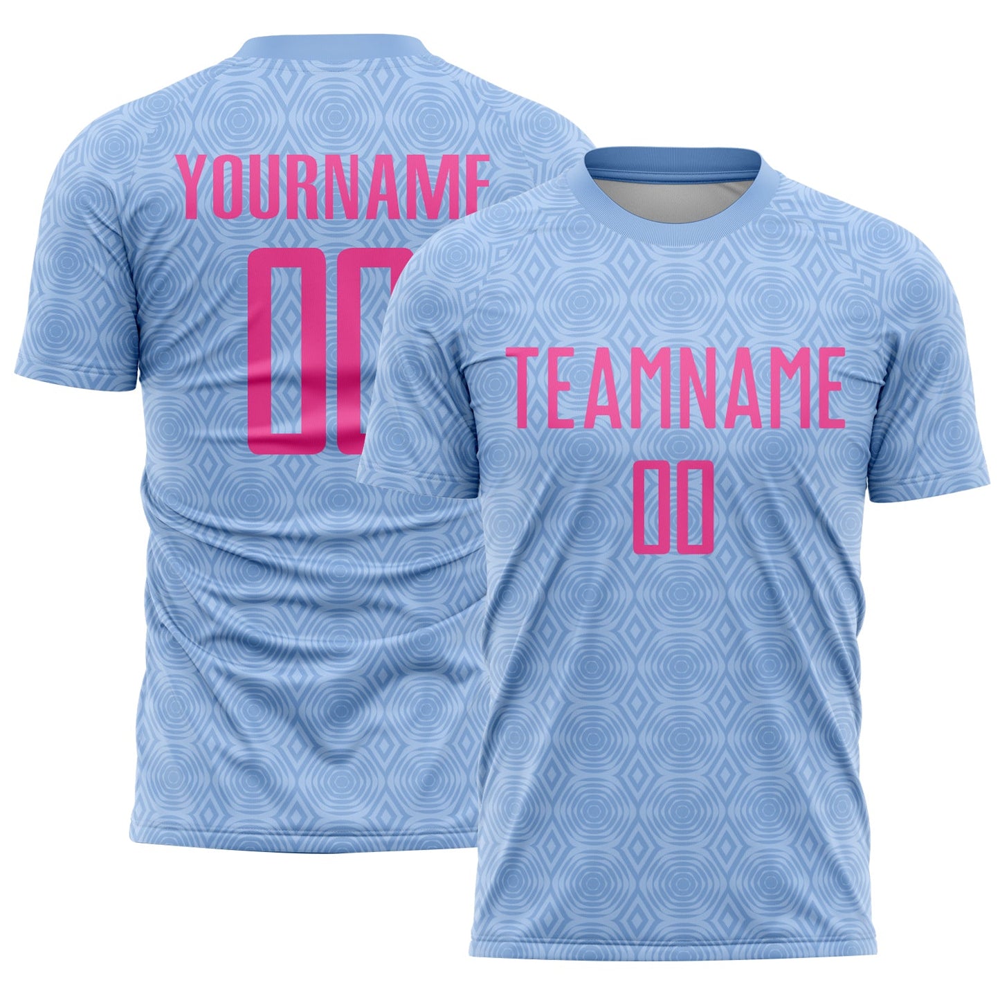 Custom Light Blue Pink Geometric Shapes Sublimation Soccer Uniform Jersey - Main View