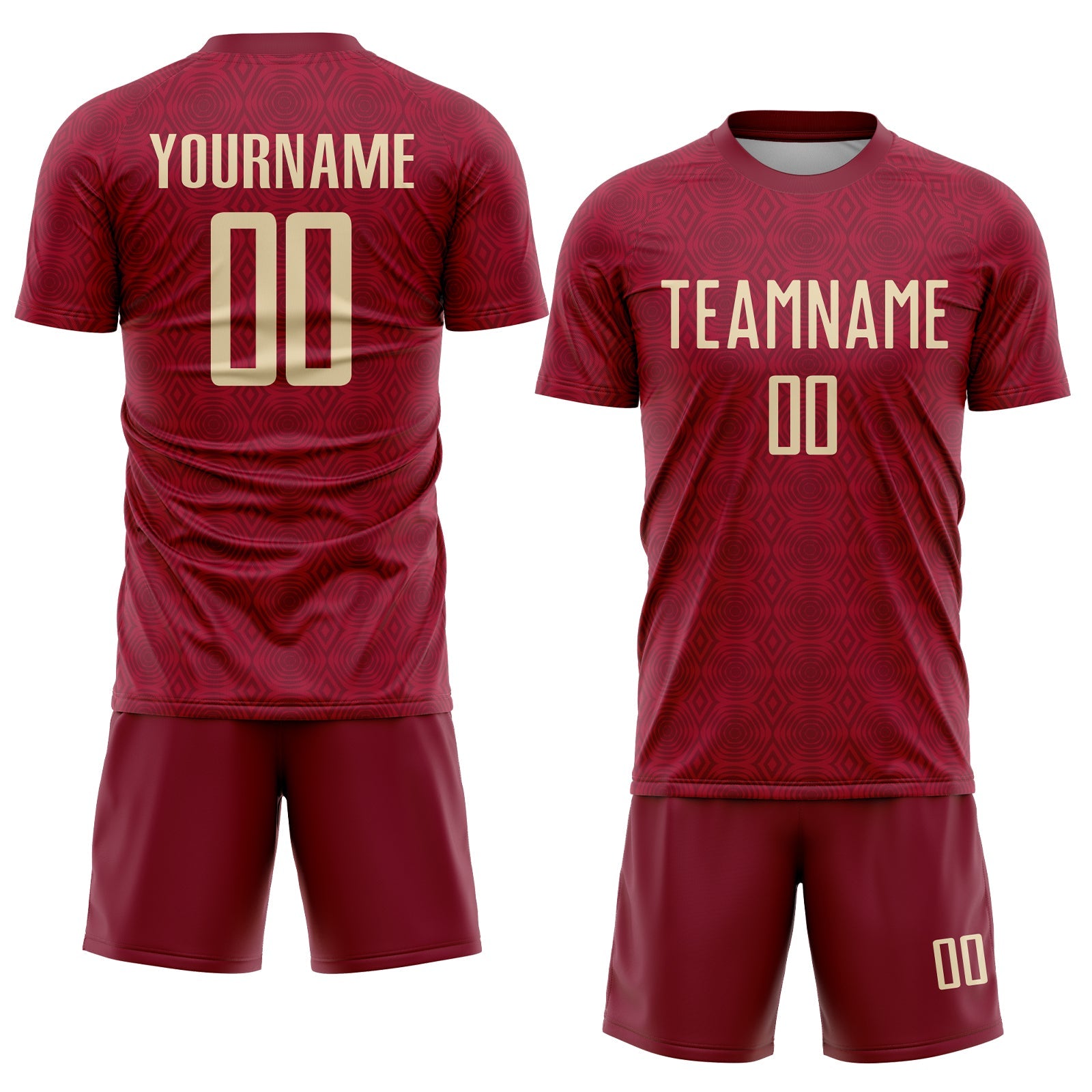 Custom Crimson Cream Geometric Shapes Sublimation Soccer Uniform Jersey view 2