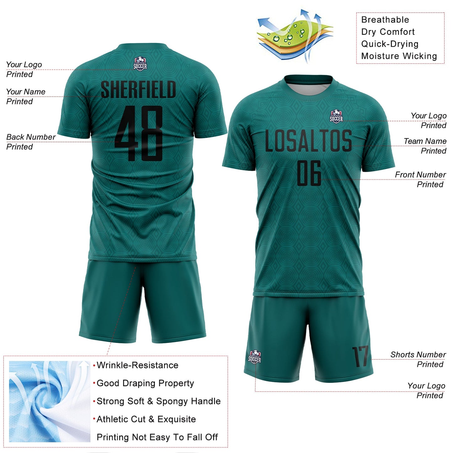 Custom Teal Black Geometric Shapes Sublimation Soccer Uniform Jersey view 4