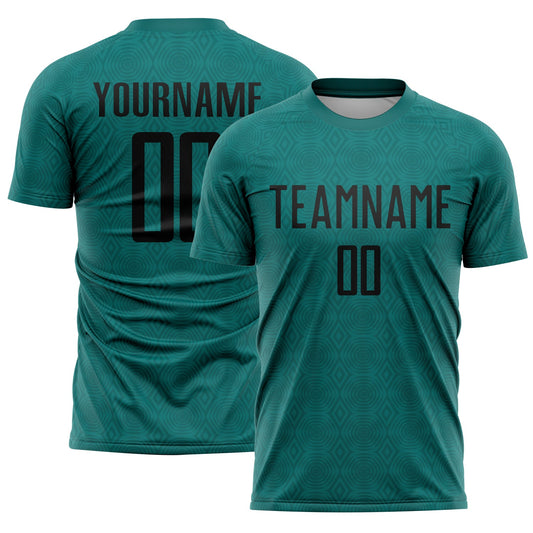 Custom Teal Black Geometric Shapes Sublimation Soccer Uniform Jersey - Main View