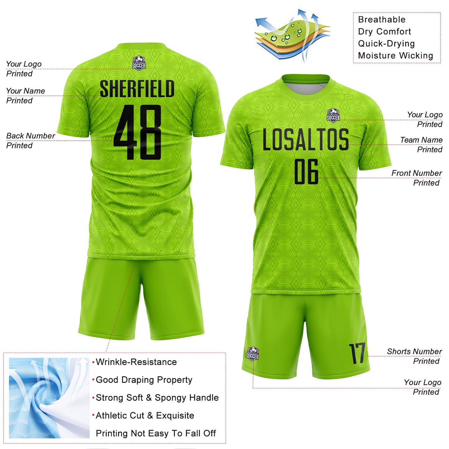 Custom Neon Green Black Geometric Shapes Sublimation Soccer Uniform Jersey view 4