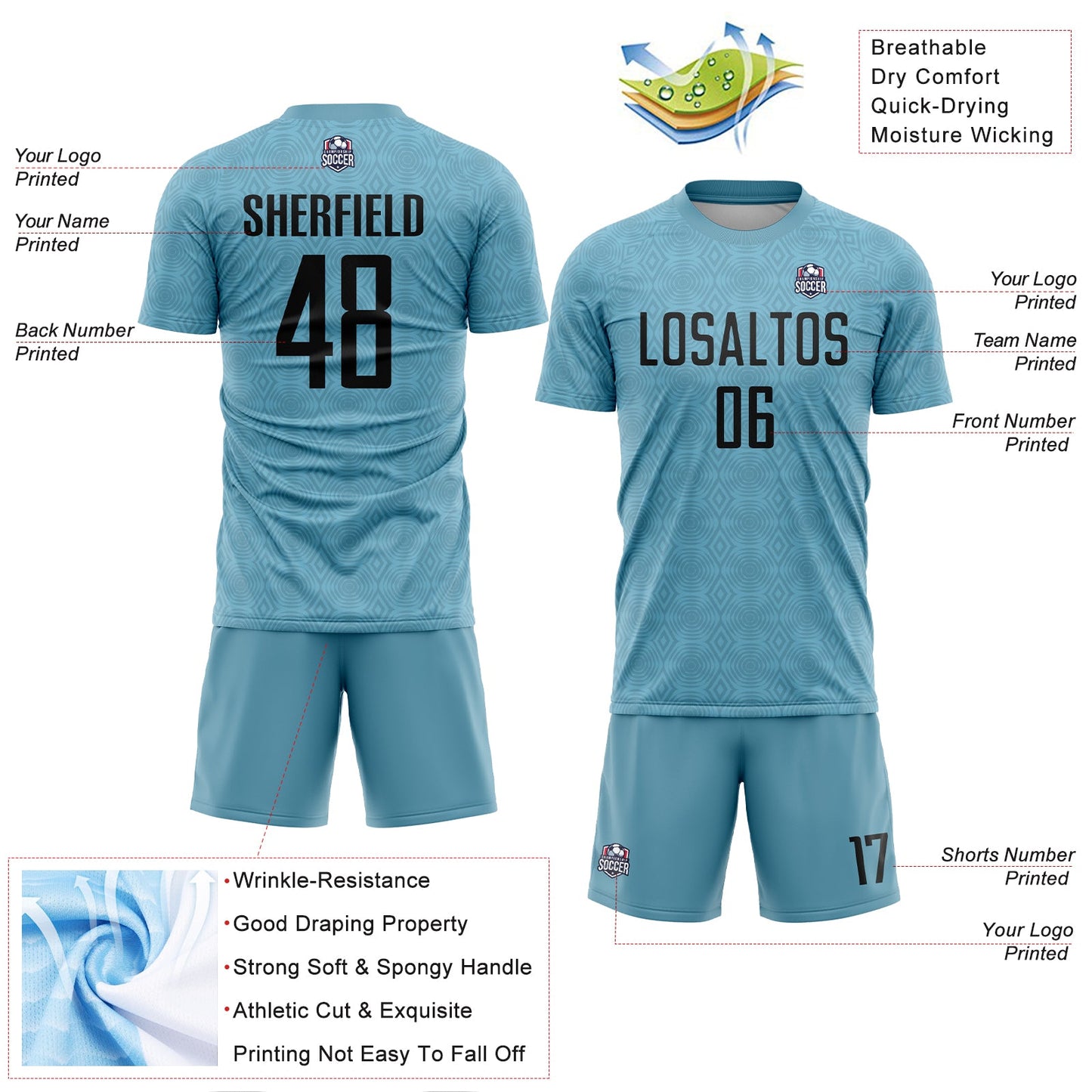 Custom Shadow Blue Black Geometric Shapes Sublimation Soccer Uniform Jersey view 4