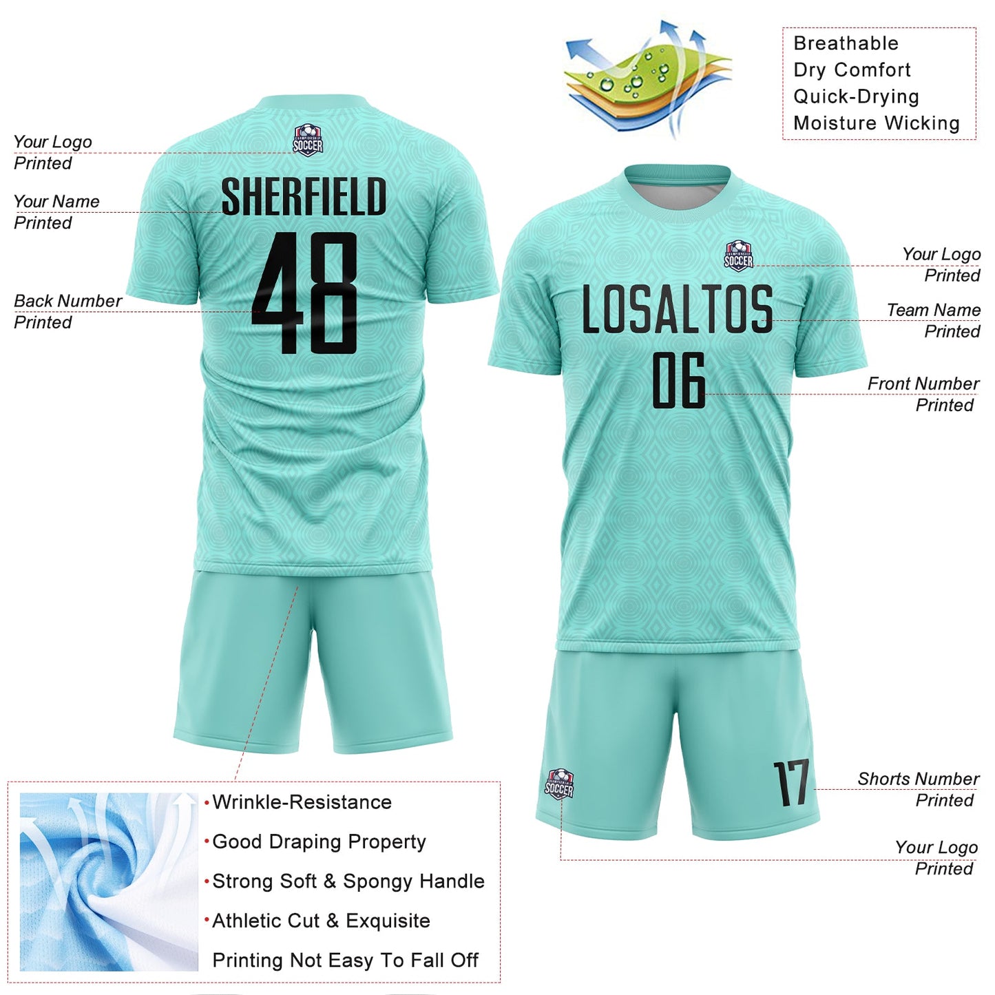 Custom Ice Blue Black Geometric Shapes Sublimation Soccer Uniform Jersey view 4