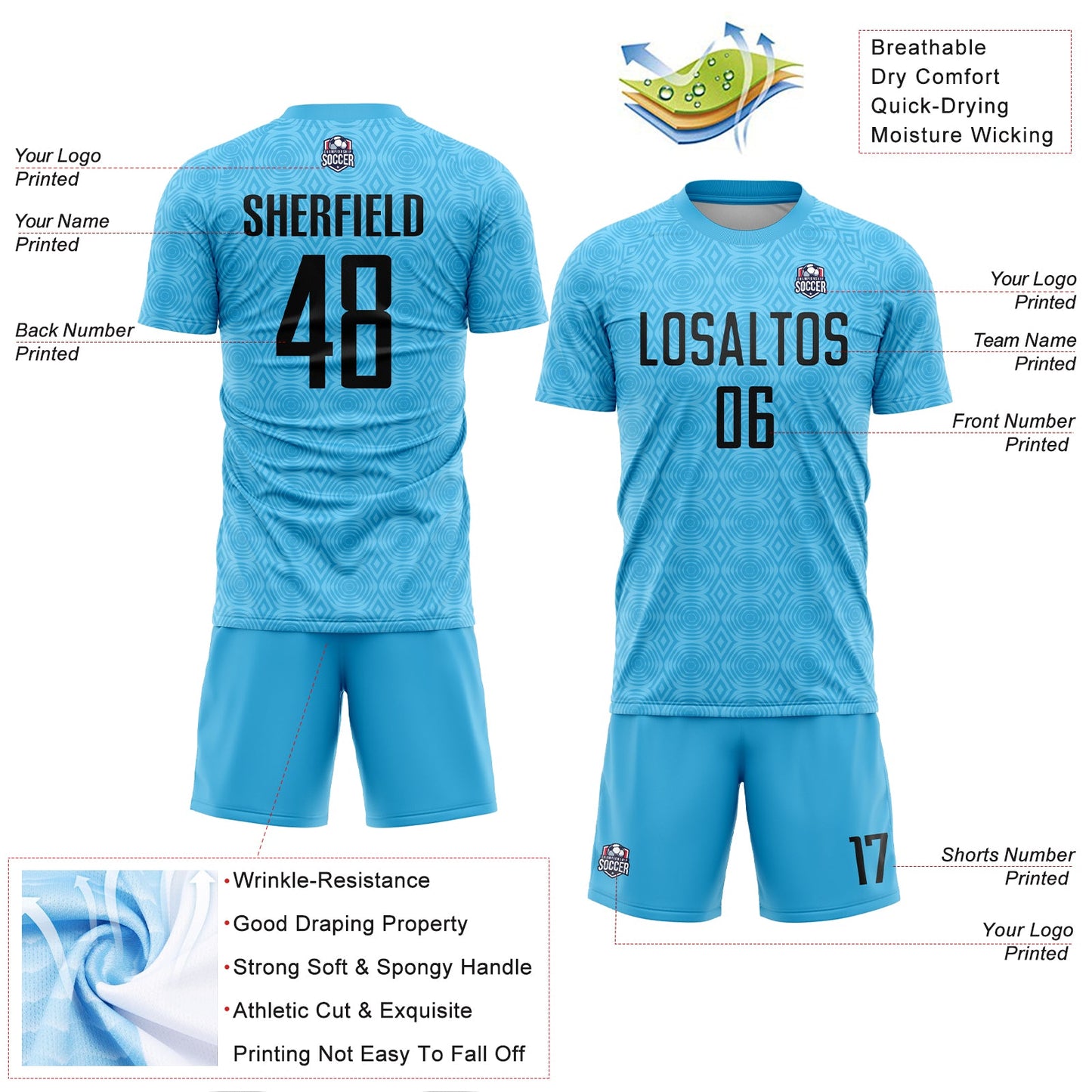 Custom Sky Blue Black Geometric Shapes Sublimation Soccer Uniform Jersey view 4