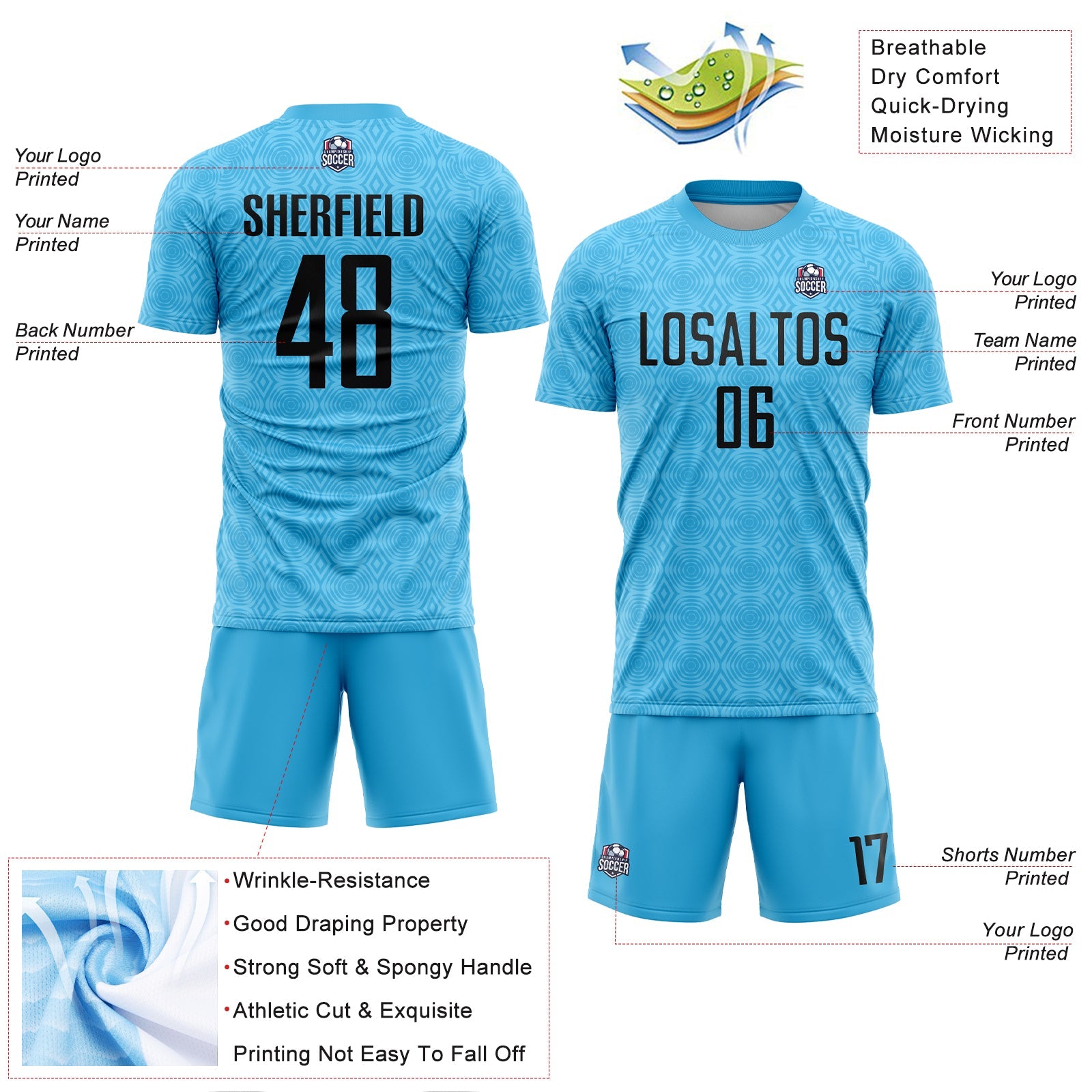 Custom Sky Blue Black Geometric Shapes Sublimation Soccer Uniform Jersey view 4