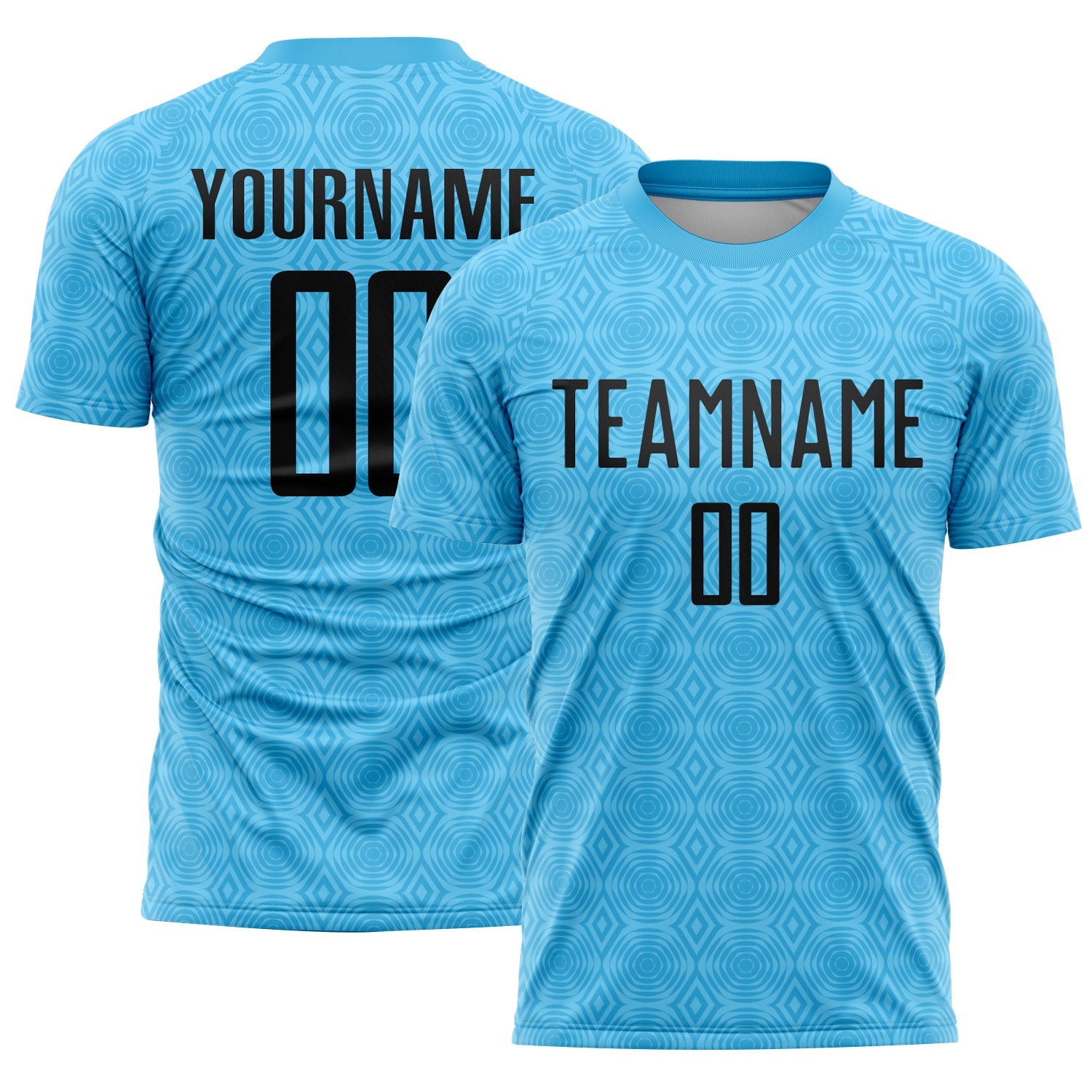 Custom Sky Blue Black Geometric Shapes Sublimation Soccer Uniform Jersey - Main View