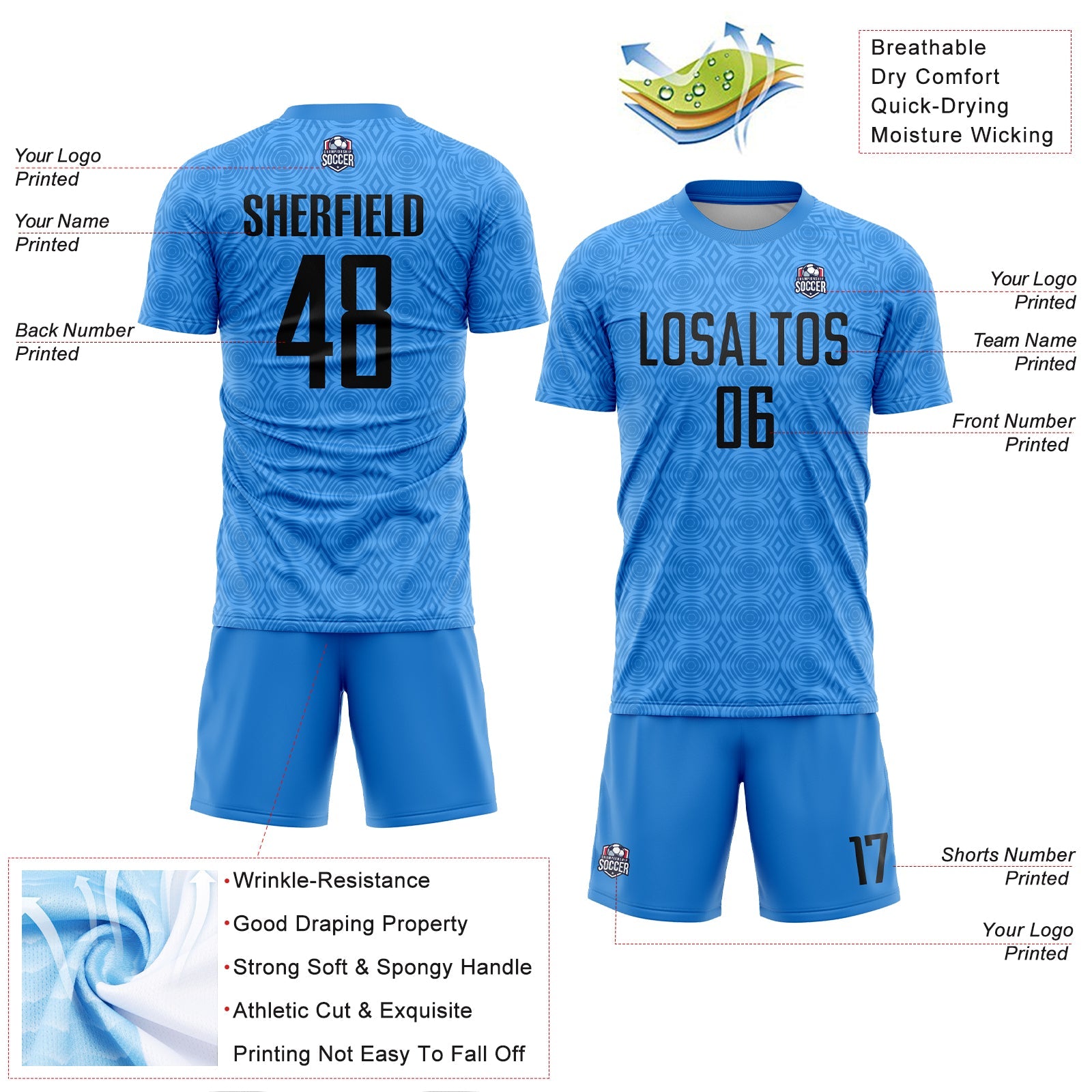 Custom Powder Blue Black Geometric Shapes Sublimation Soccer Uniform Jersey view 4