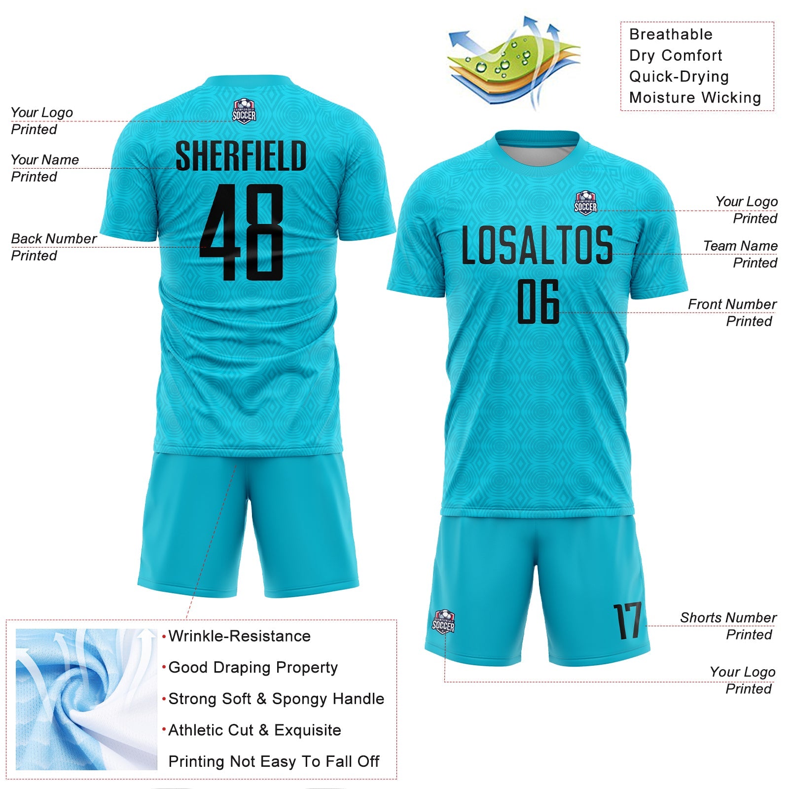Custom Lakes Blue Black Geometric Shapes Sublimation Soccer Uniform Jersey view 4