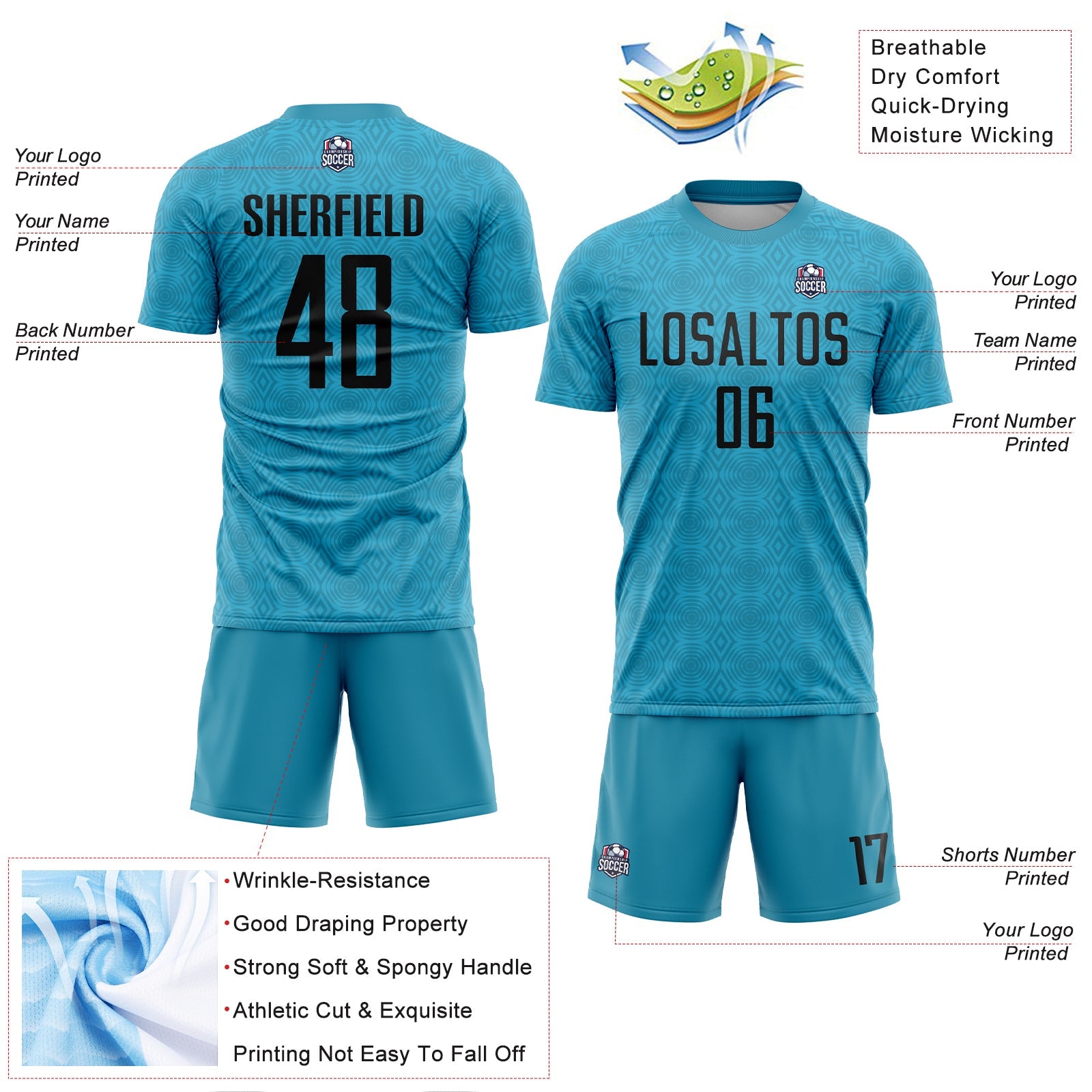 Custom Panther Blue Black Geometric Shapes Sublimation Soccer Uniform Jersey view 4