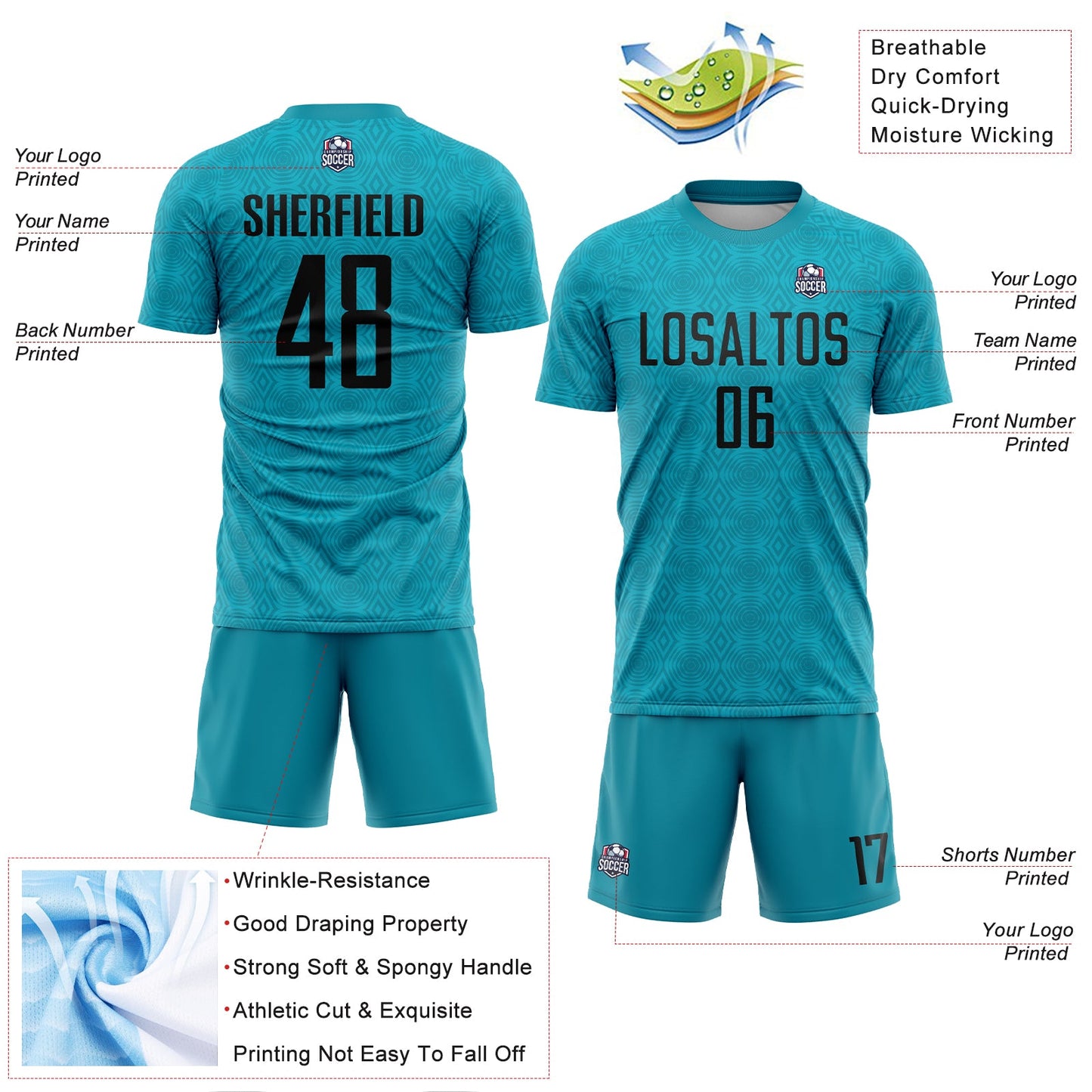 Custom Teal Black Geometric Shapes Sublimation Soccer Uniform Jersey view 4