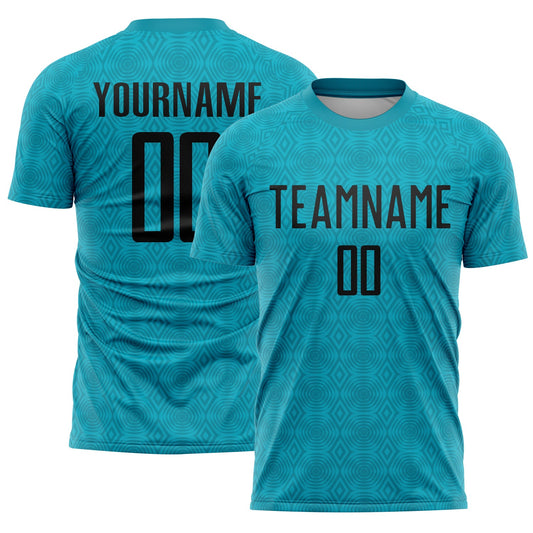 Custom Teal Black Geometric Shapes Sublimation Soccer Uniform Jersey - Main View