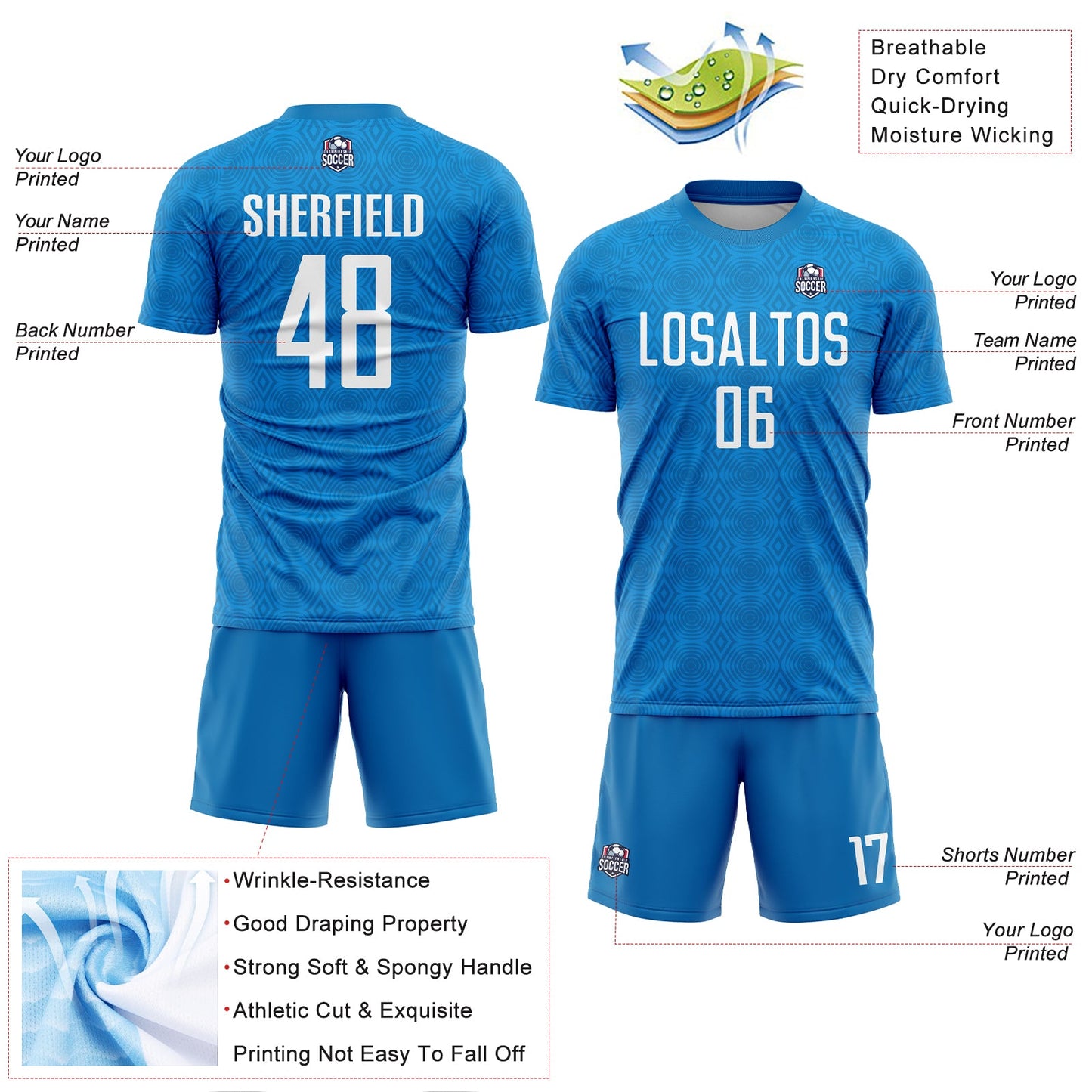 Custom Blue Black Geometric Shapes Sublimation Soccer Uniform Jersey view 4