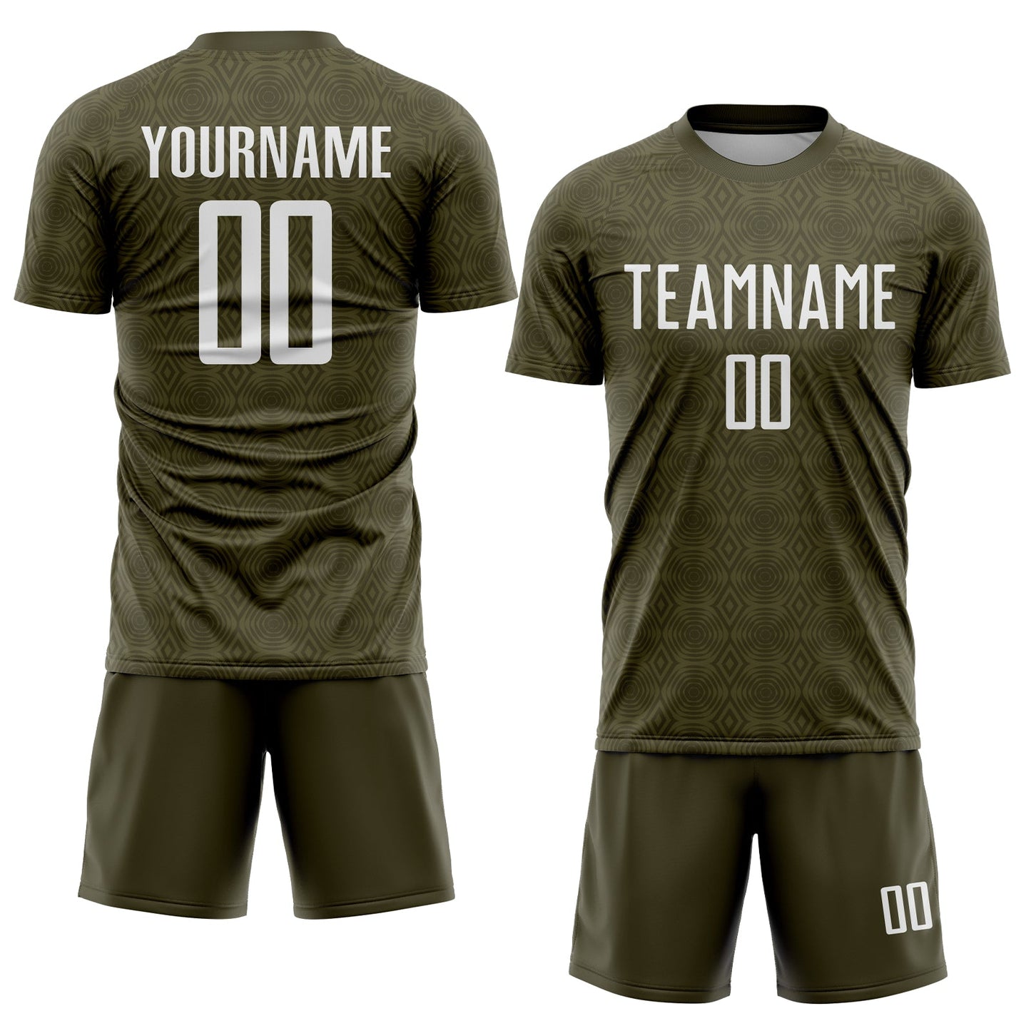 Custom Olive White Geometric Shapes Sublimation Salute To Service Soccer Uniform Jersey view 2