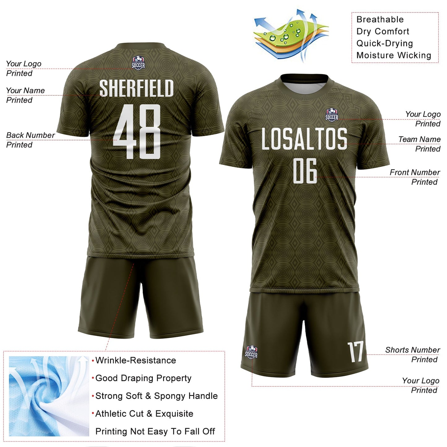 Custom Olive White Geometric Shapes Sublimation Salute To Service Soccer Uniform Jersey view 4