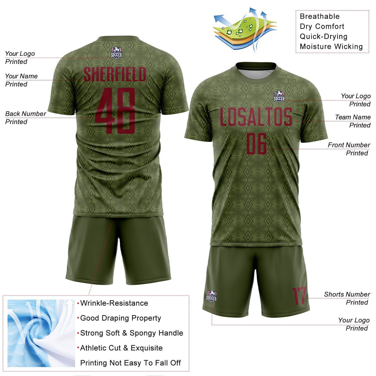 Custom Olive Crimson Geometric Shapes Sublimation Salute To Service Soccer Uniform Jersey view 4