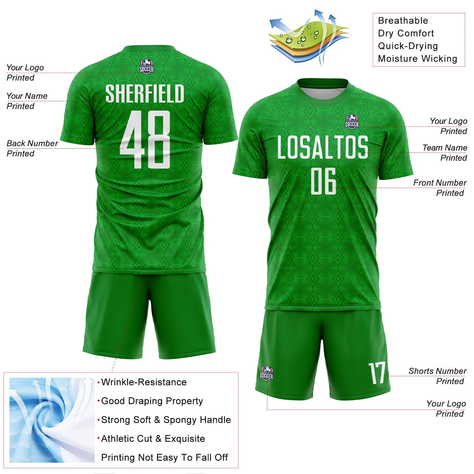 Custom Grass Green White Geometric Shapes Sublimation Soccer Uniform Jersey view 4