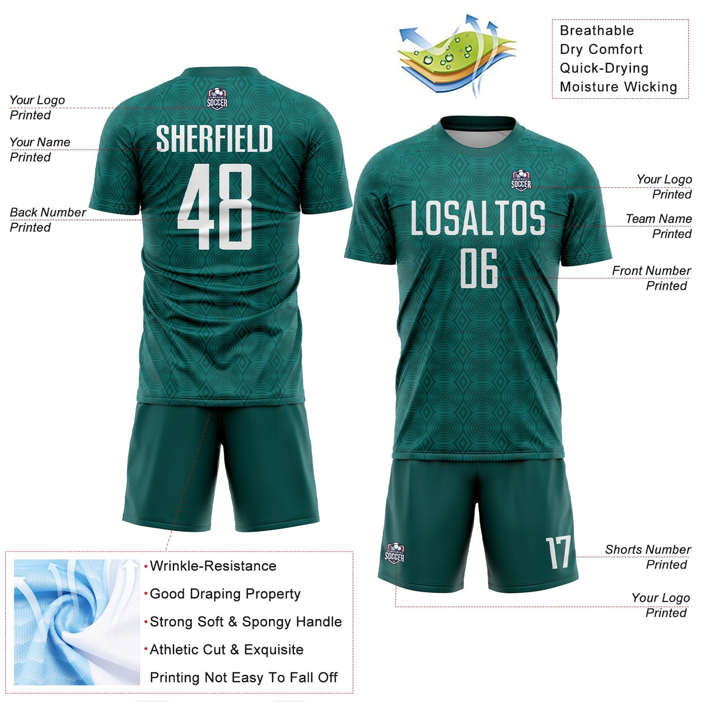 Custom Midnight Green White Geometric Shapes Sublimation Soccer Uniform Jersey view 4