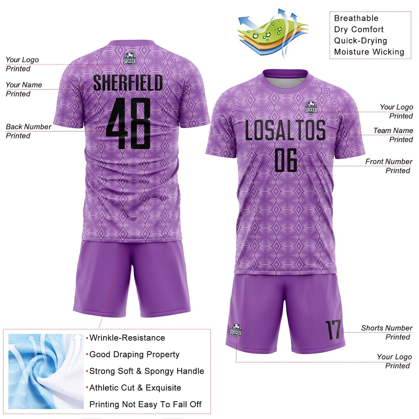 Custom Medium Purple Black-Light Purple Geometric Shapes Sublimation Soccer Uniform Jersey view 4