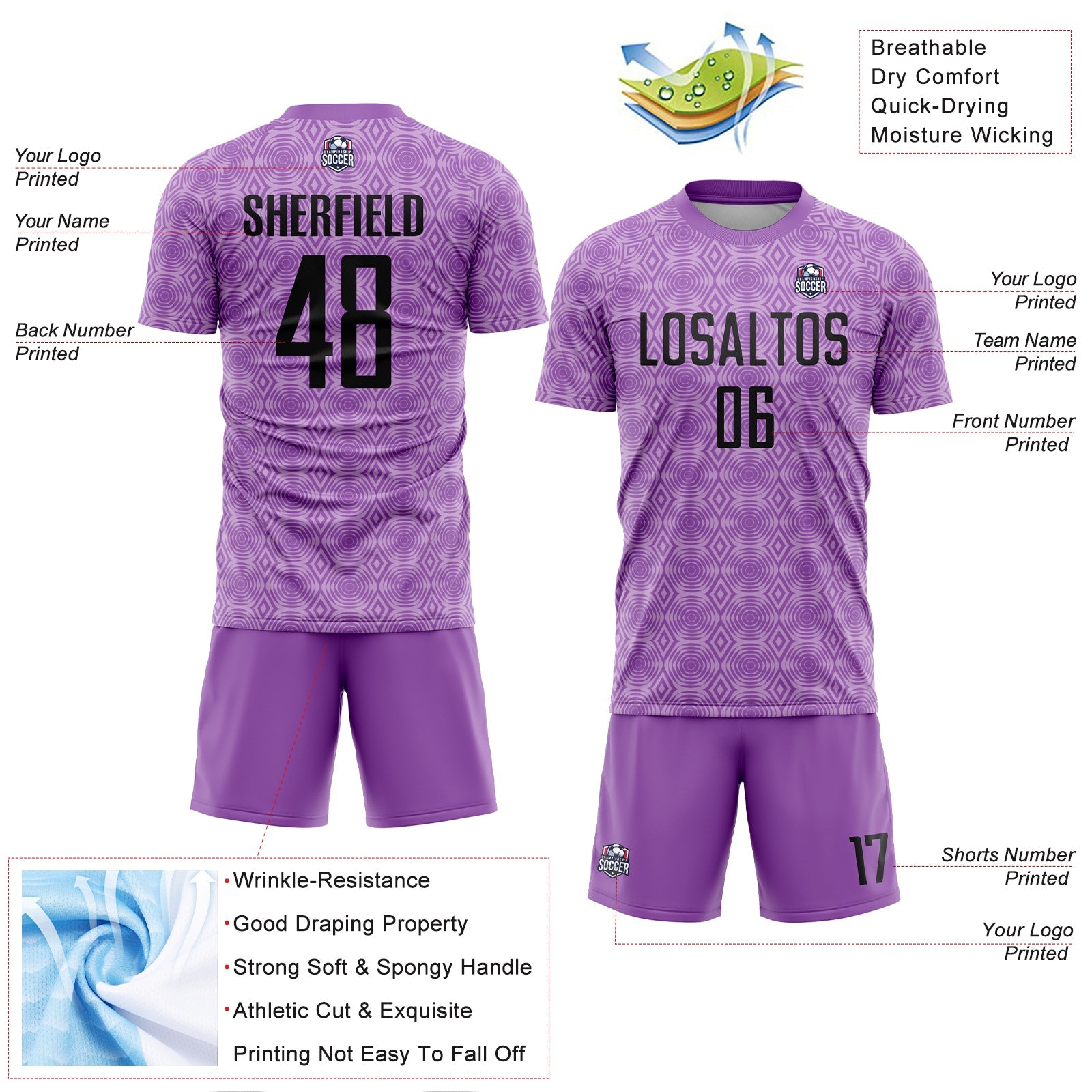 Custom Medium Purple Black-Light Purple Geometric Shapes Sublimation Soccer Uniform Jersey view 4
