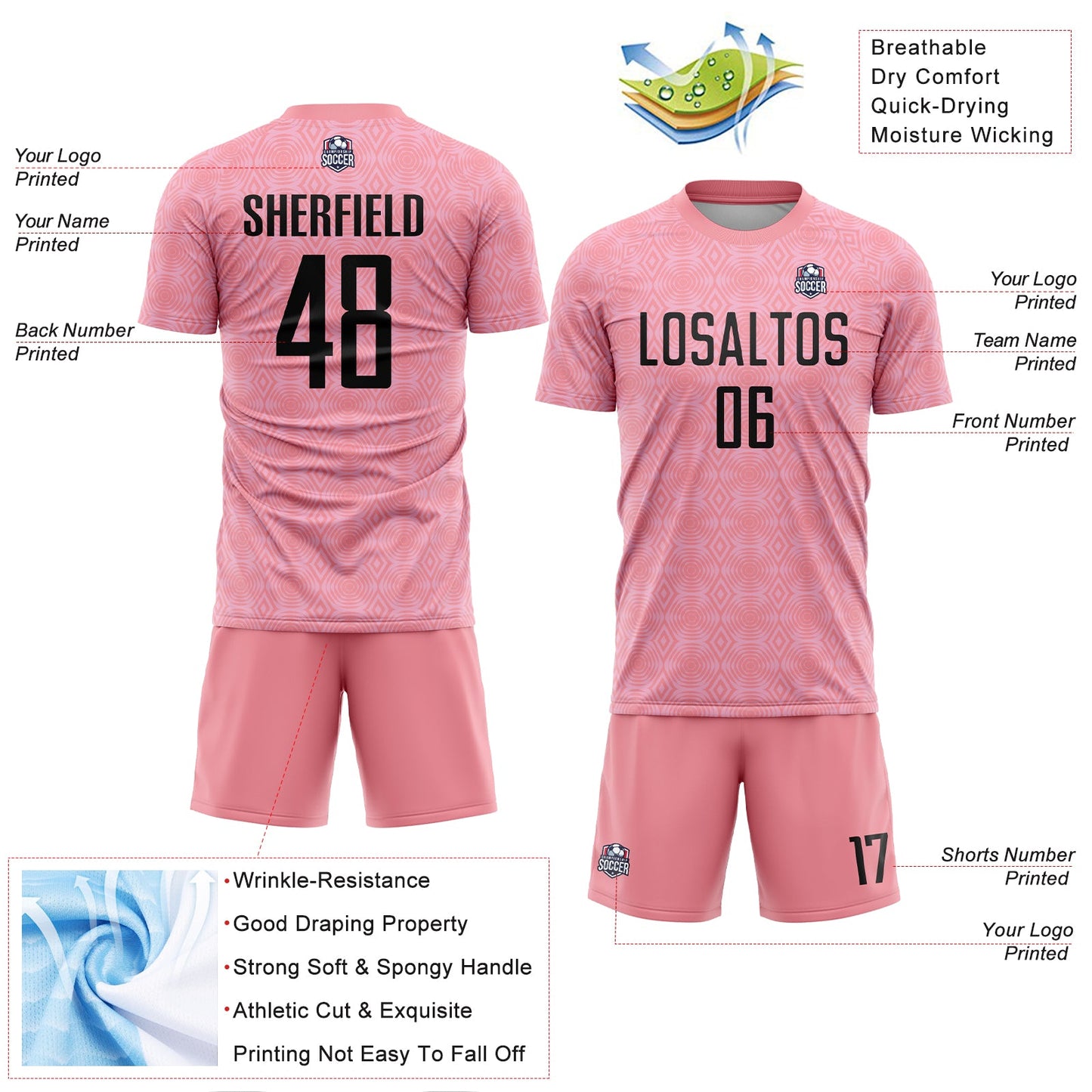 Custom Medium Pink Black-Light Pink Geometric Shapes Sublimation Soccer Uniform Jersey view 4