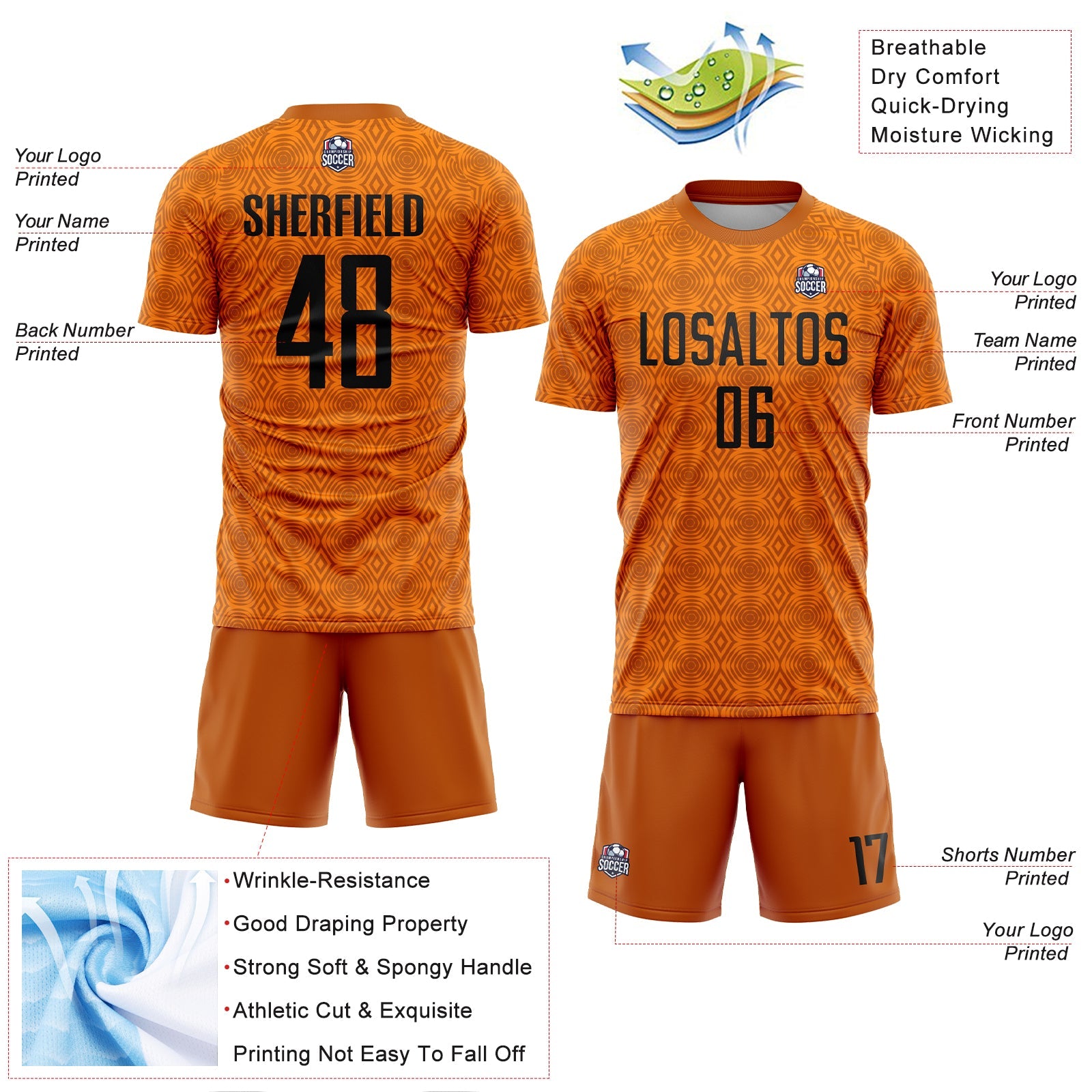 Custom Texas Orange Black-Bay Orange Geometric Shapes Sublimation Soccer Uniform Jersey view 4