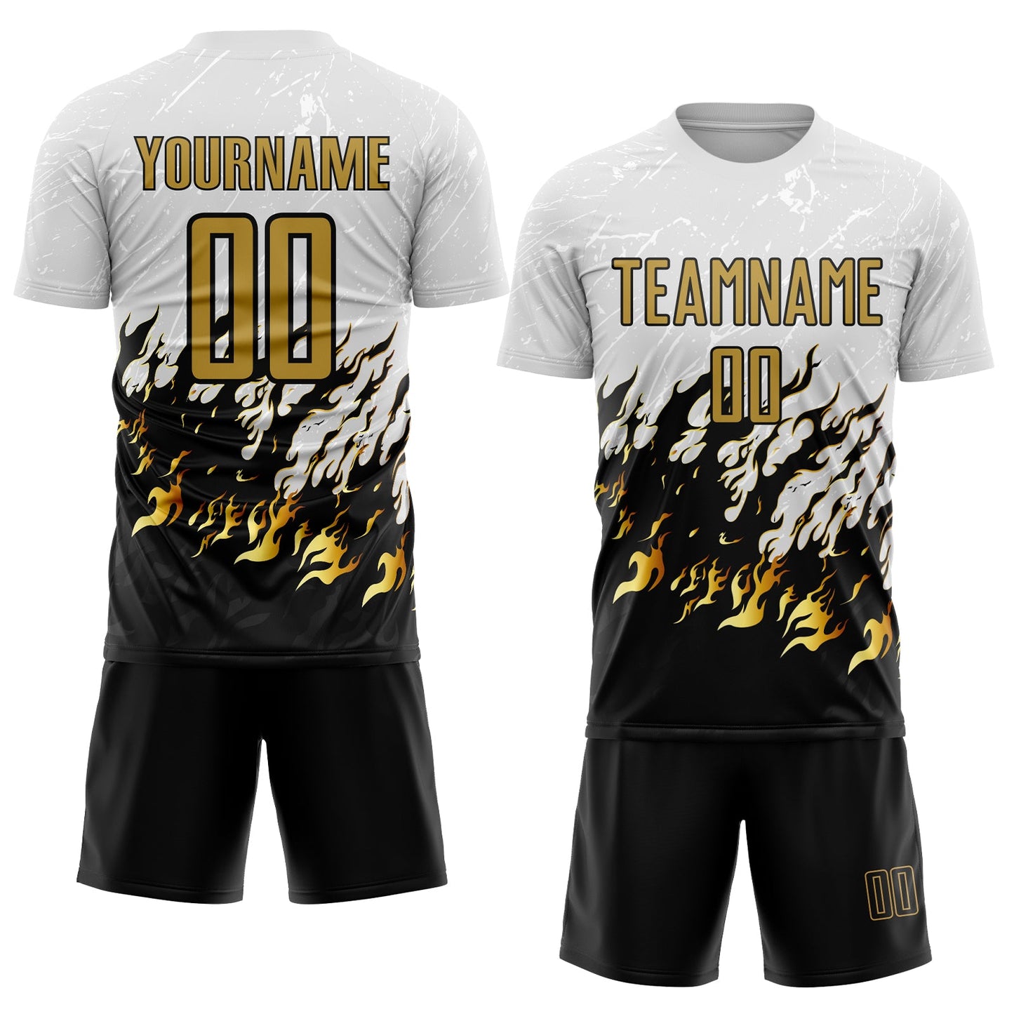 Custom White Old Gold-Black Flame Sublimation Soccer Uniform Jersey view 2
