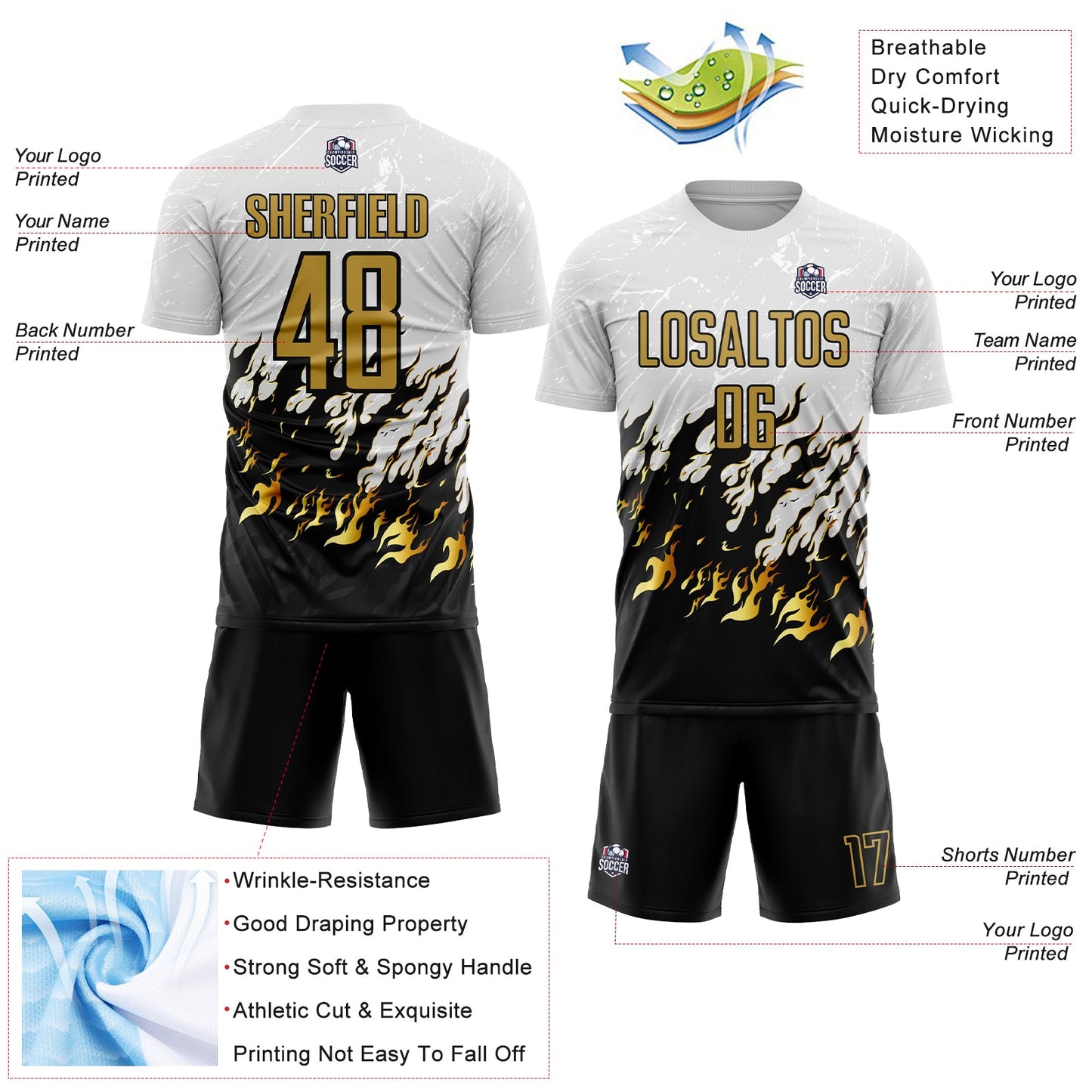 Custom White Old Gold-Black Flame Sublimation Soccer Uniform Jersey view 4