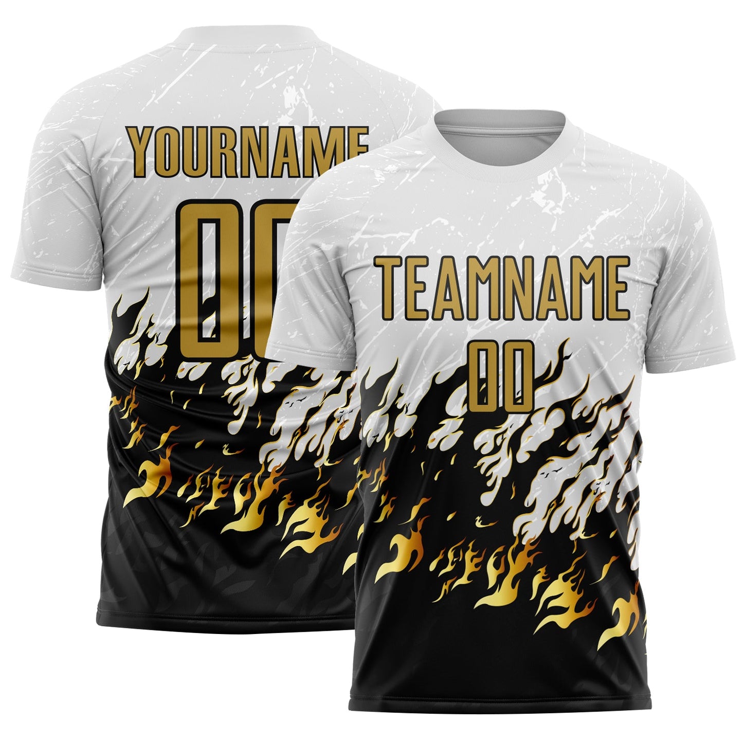 Custom White Old Gold-Black Flame Sublimation Soccer Uniform Jersey - Main View