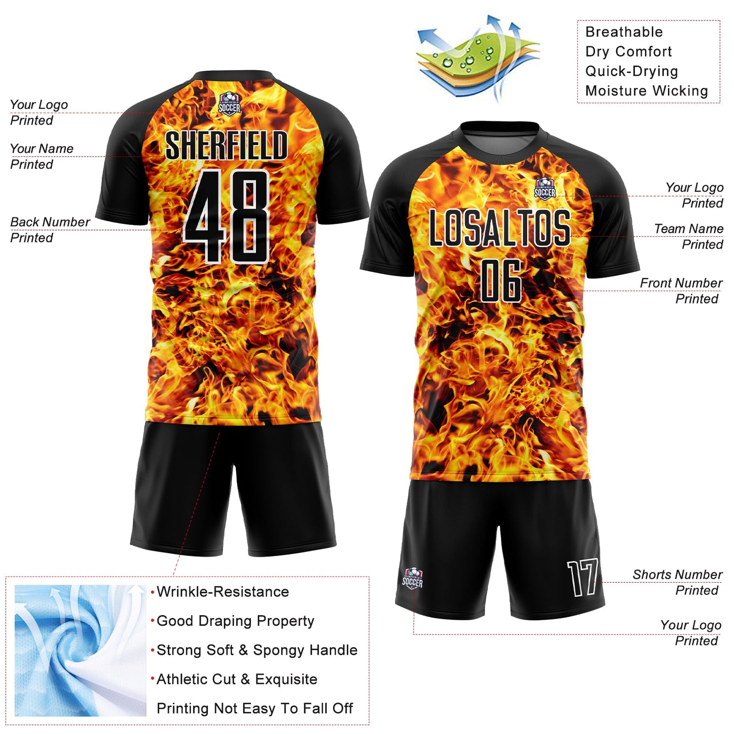 Custom Black White Flame Sublimation Soccer Uniform Jersey view 4