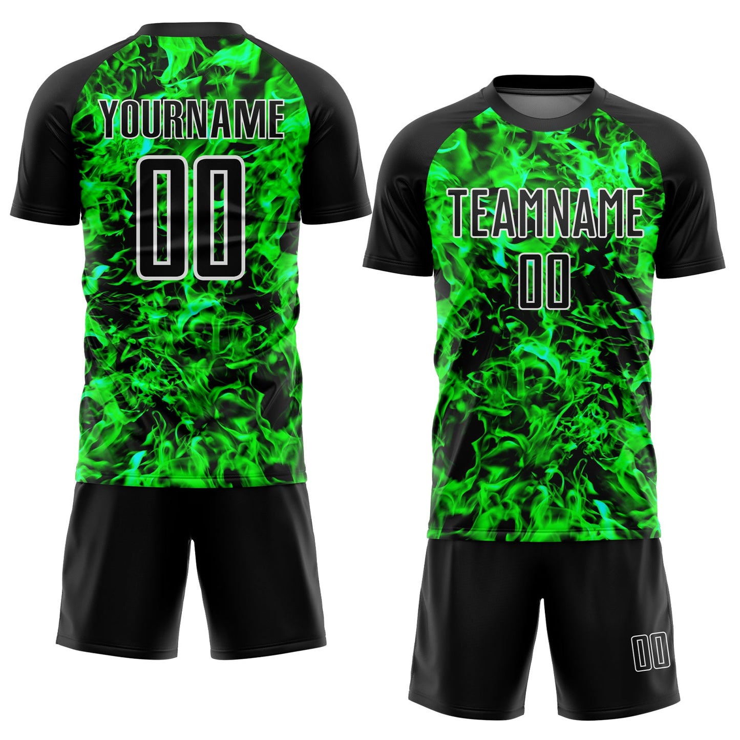 Custom Black Grass Green-White Flame Sublimation Soccer Uniform Jersey view 2