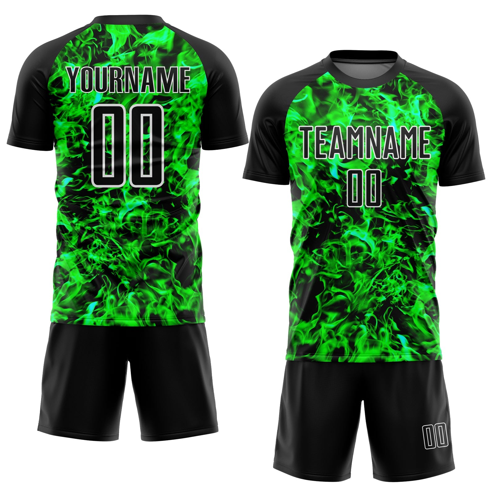 Custom Black Grass Green-White Flame Sublimation Soccer Uniform Jersey view 2