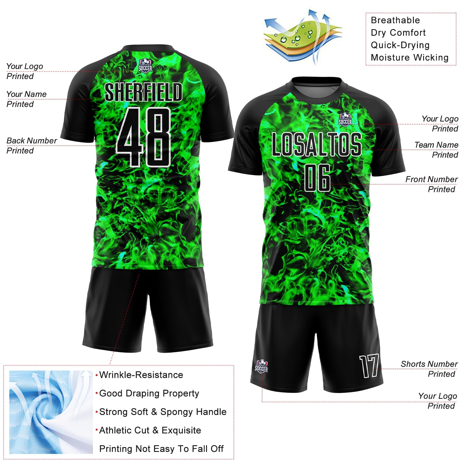 Custom Black Grass Green-White Flame Sublimation Soccer Uniform Jersey view 4