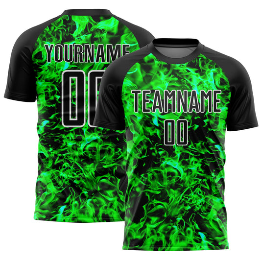 Custom Black Grass Green-White Flame Sublimation Soccer Uniform Jersey - Main View