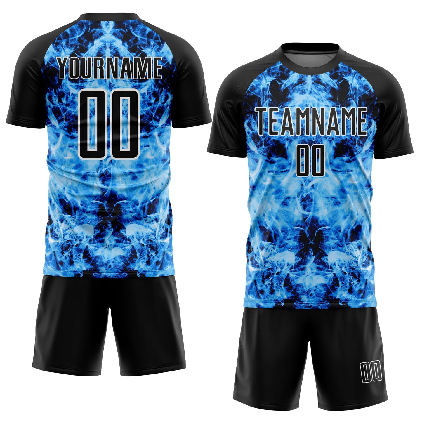 Custom Black Sky Blue-White Flame Sublimation Soccer Uniform Jersey view 2
