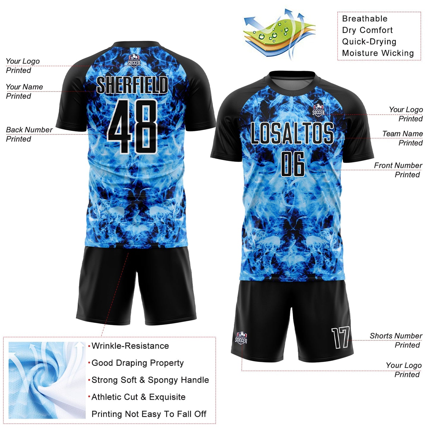 Custom Black Sky Blue-White Flame Sublimation Soccer Uniform Jersey view 4