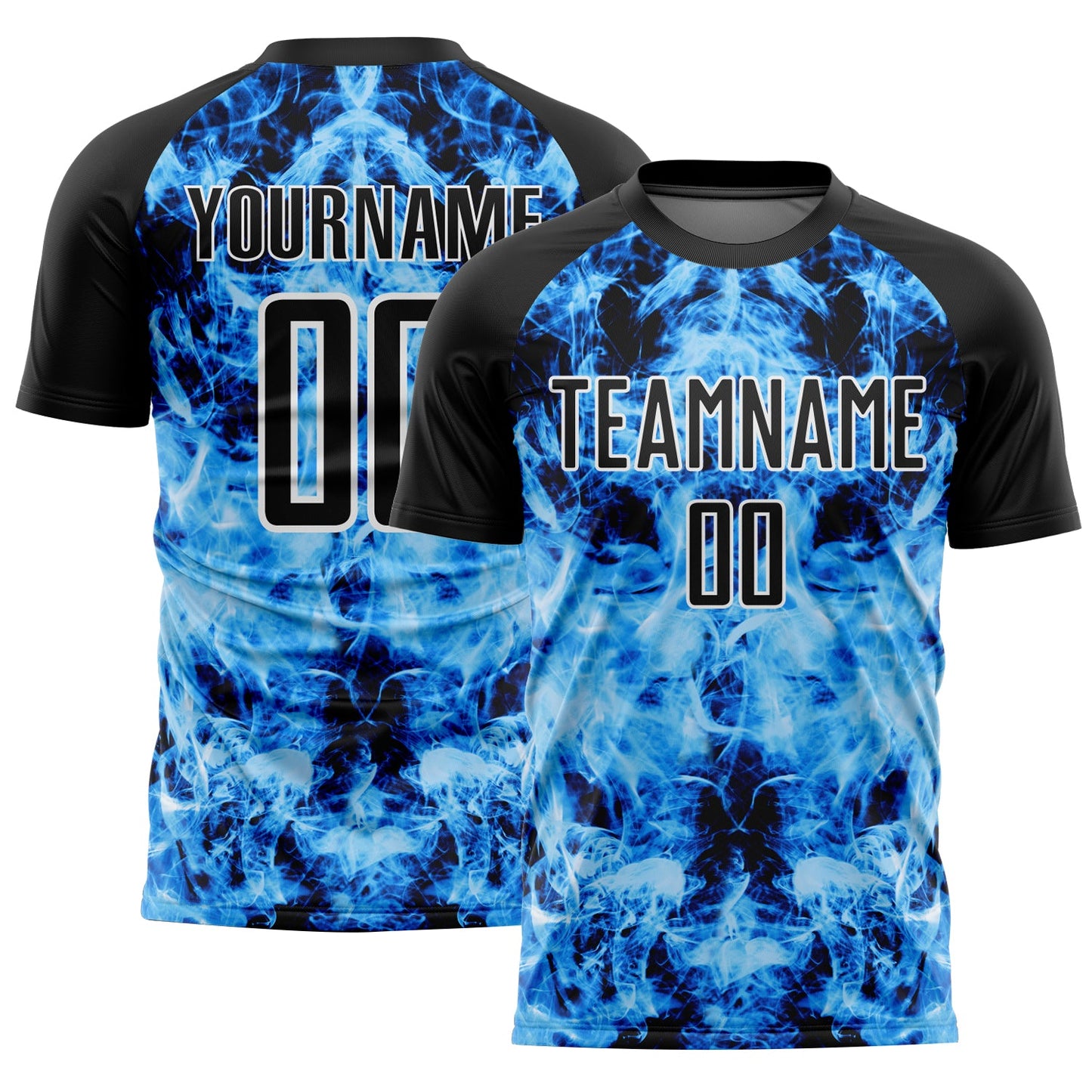 Custom Black Sky Blue-White Flame Sublimation Soccer Uniform Jersey - Main View