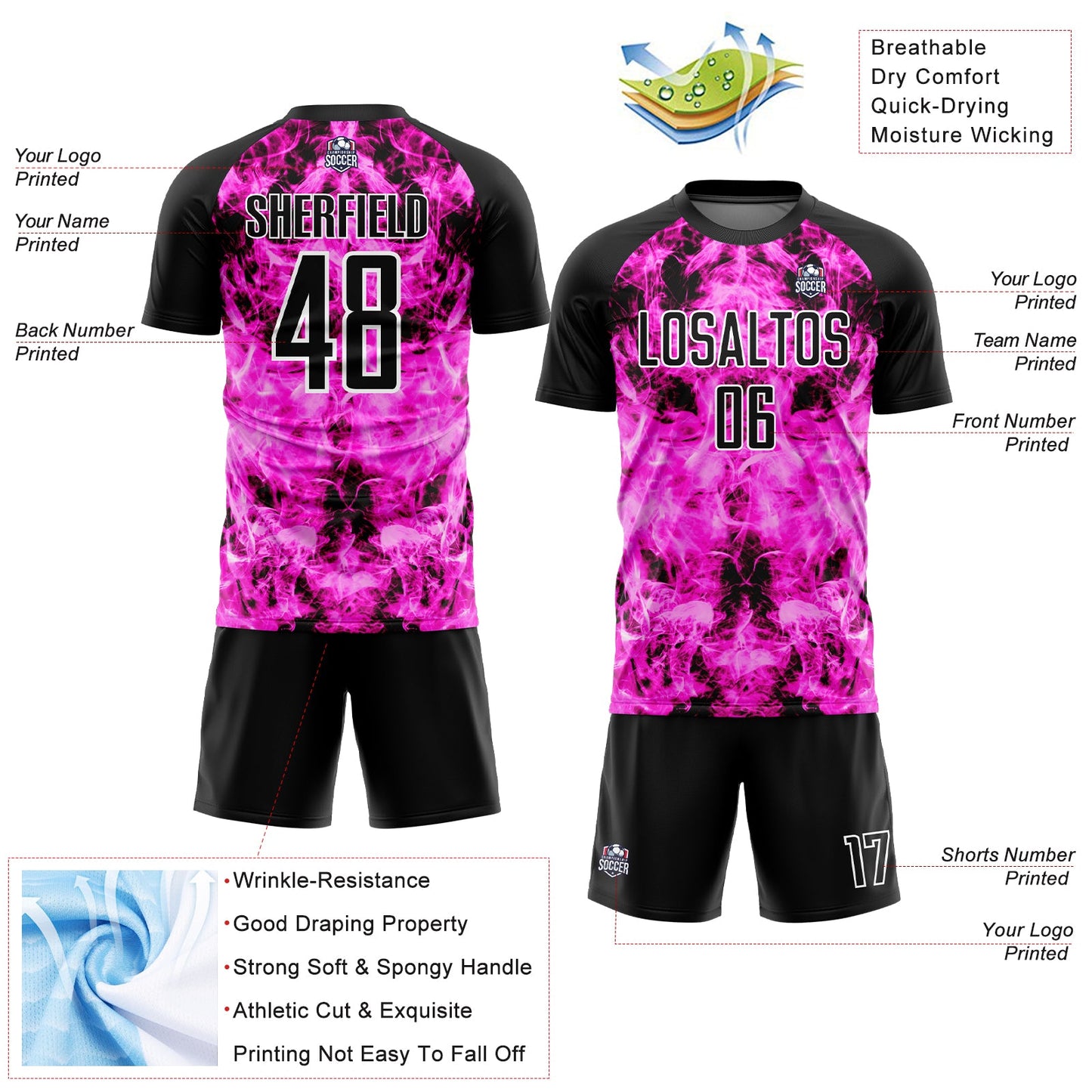 Custom Black Pink-White Flame Sublimation Soccer Uniform Jersey view 4