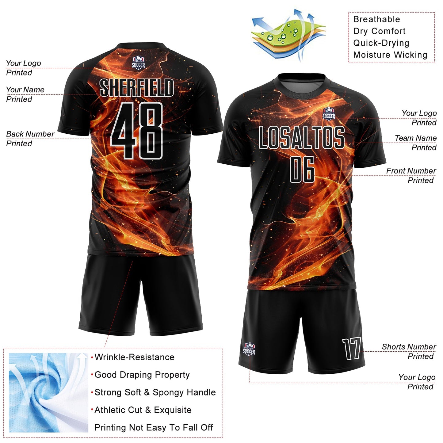 Custom Black Gold-White Flame Sublimation Soccer Uniform Jersey view 4