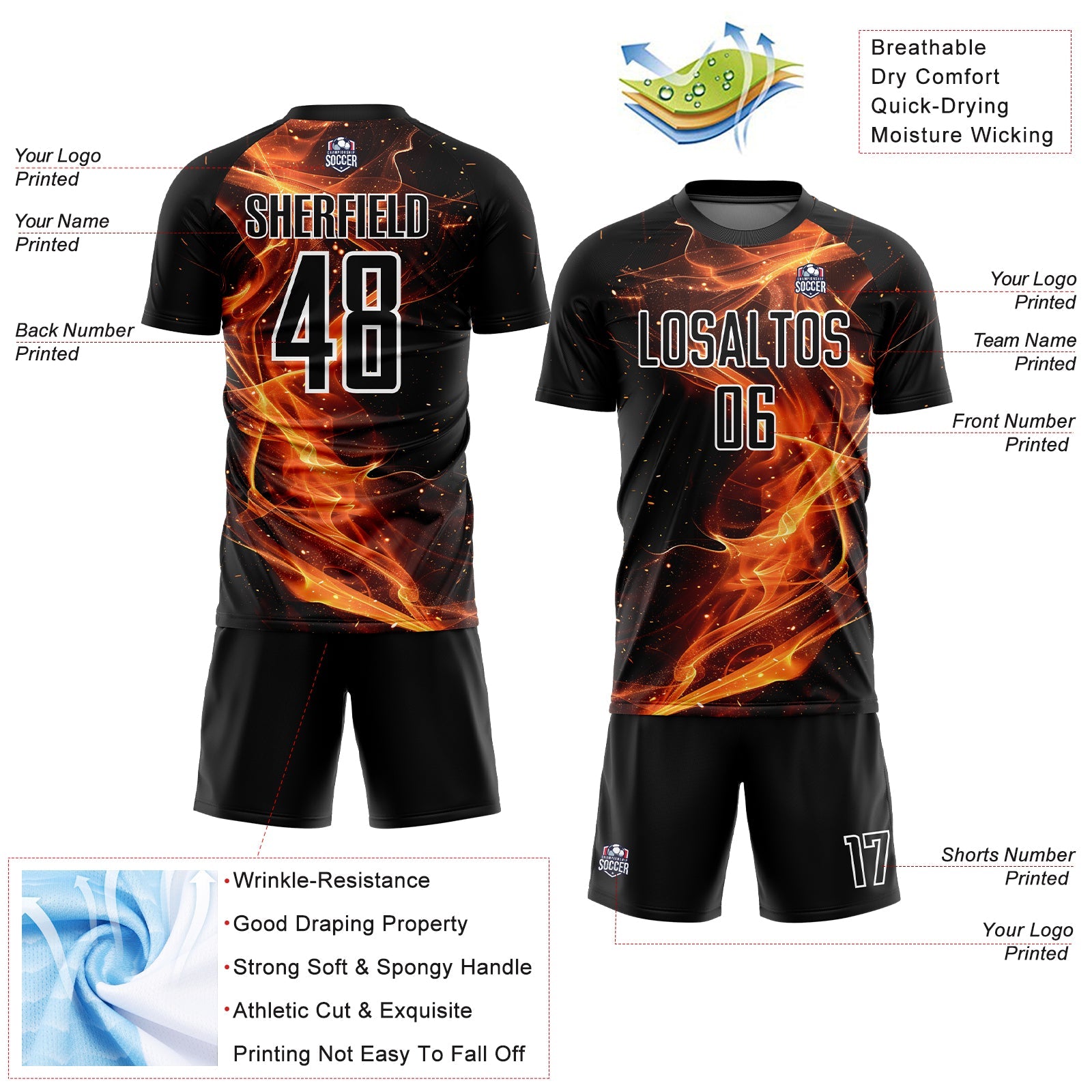 Custom Black Gold-White Flame Sublimation Soccer Uniform Jersey view 4