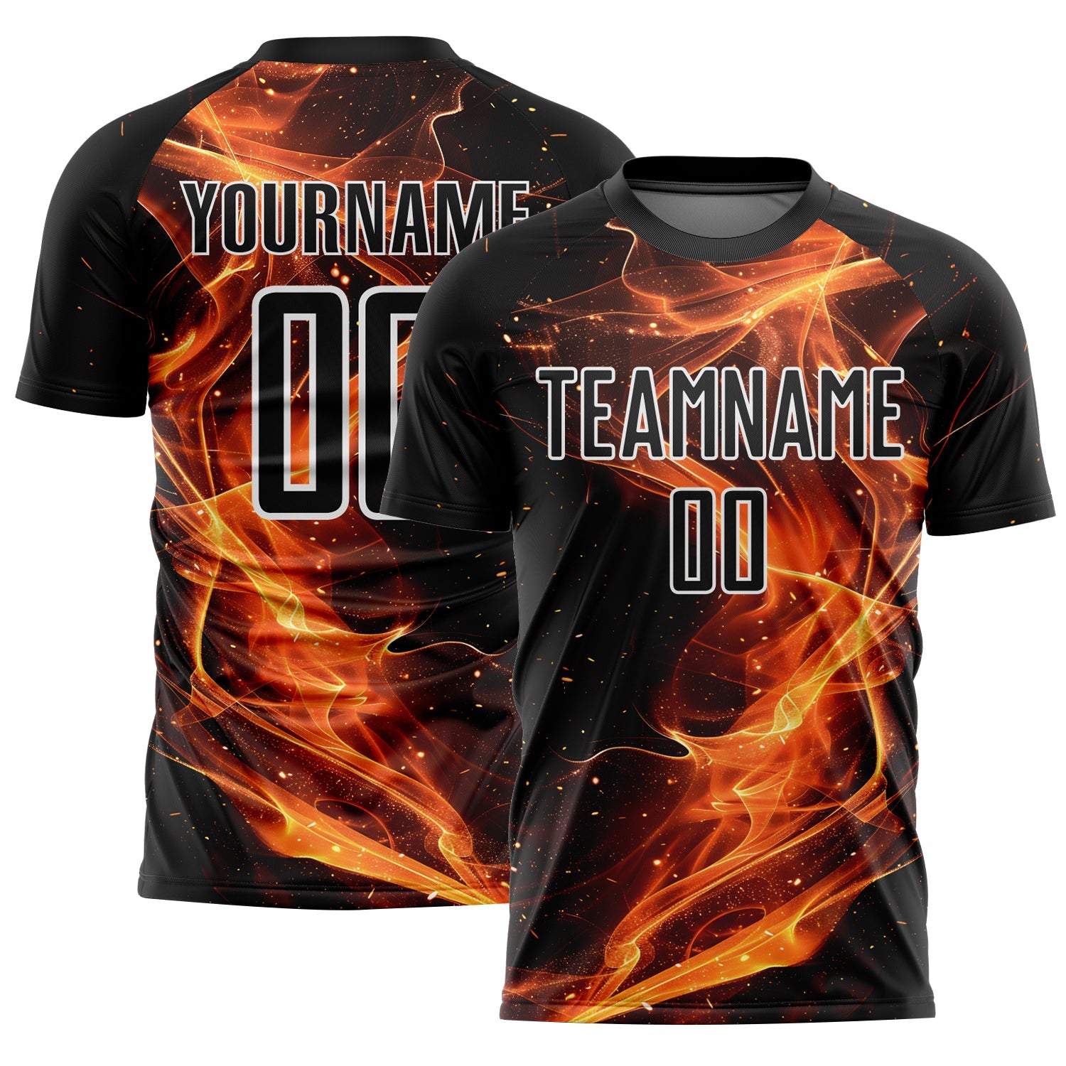 Custom Black Gold-White Flame Sublimation Soccer Uniform Jersey - Main View
