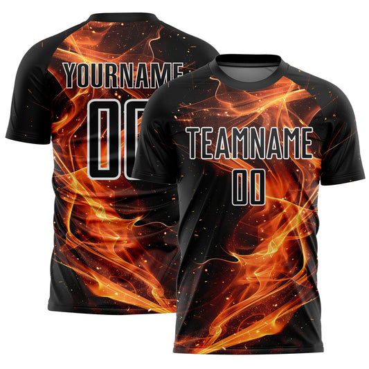 Custom Black Gold-White Flame Sublimation Soccer Uniform Jersey - Main View