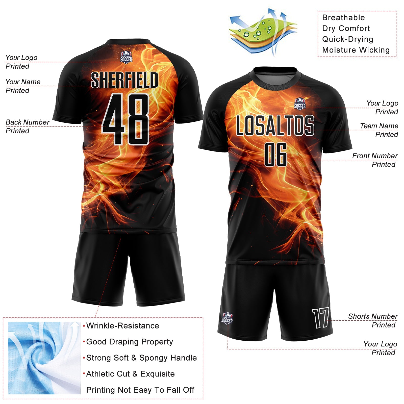 Custom Black Gold-White Flame Sublimation Soccer Uniform Jersey view 4